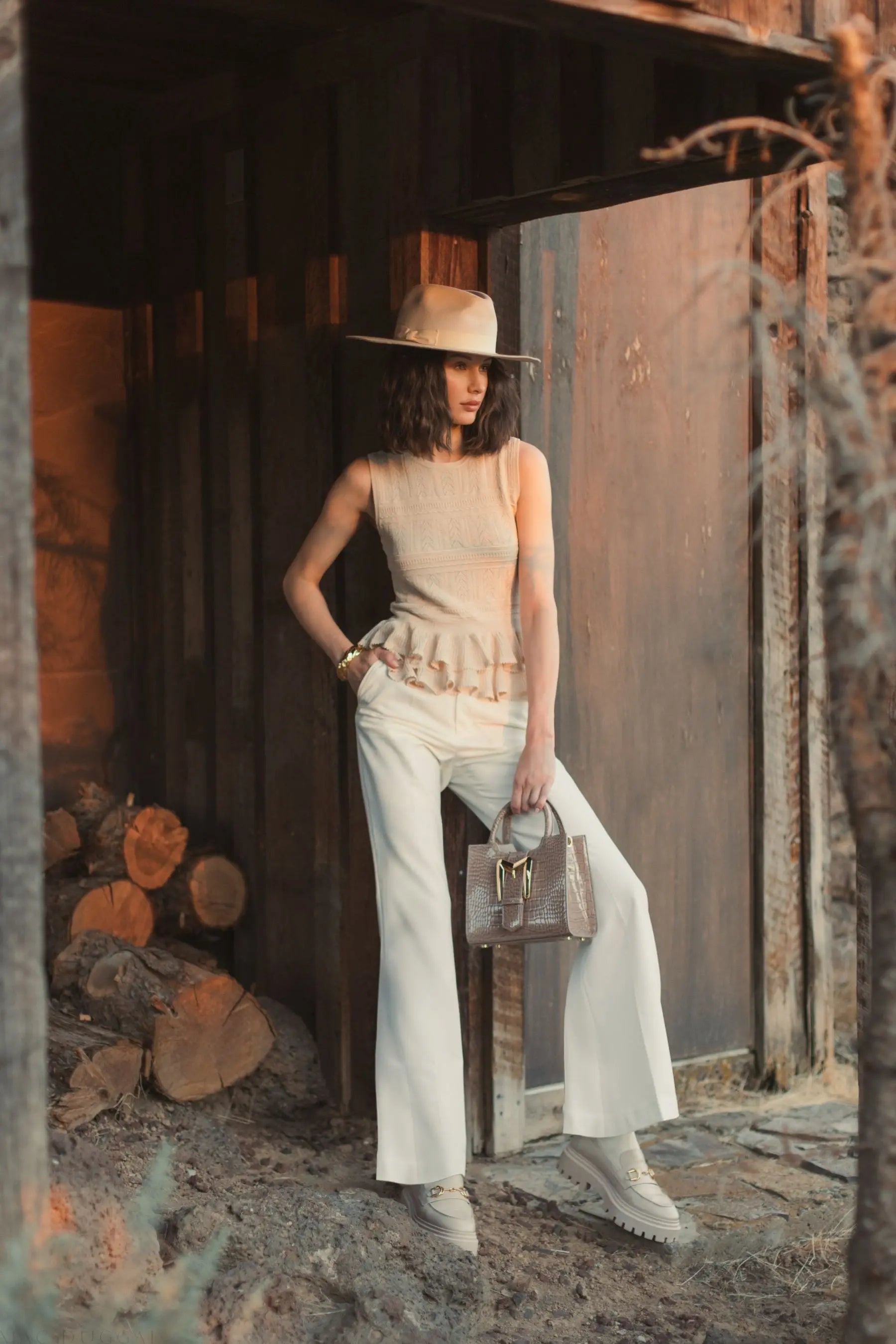 Beige Sleeveless High Neck Knit Top With Ruffle Hem-Myartka