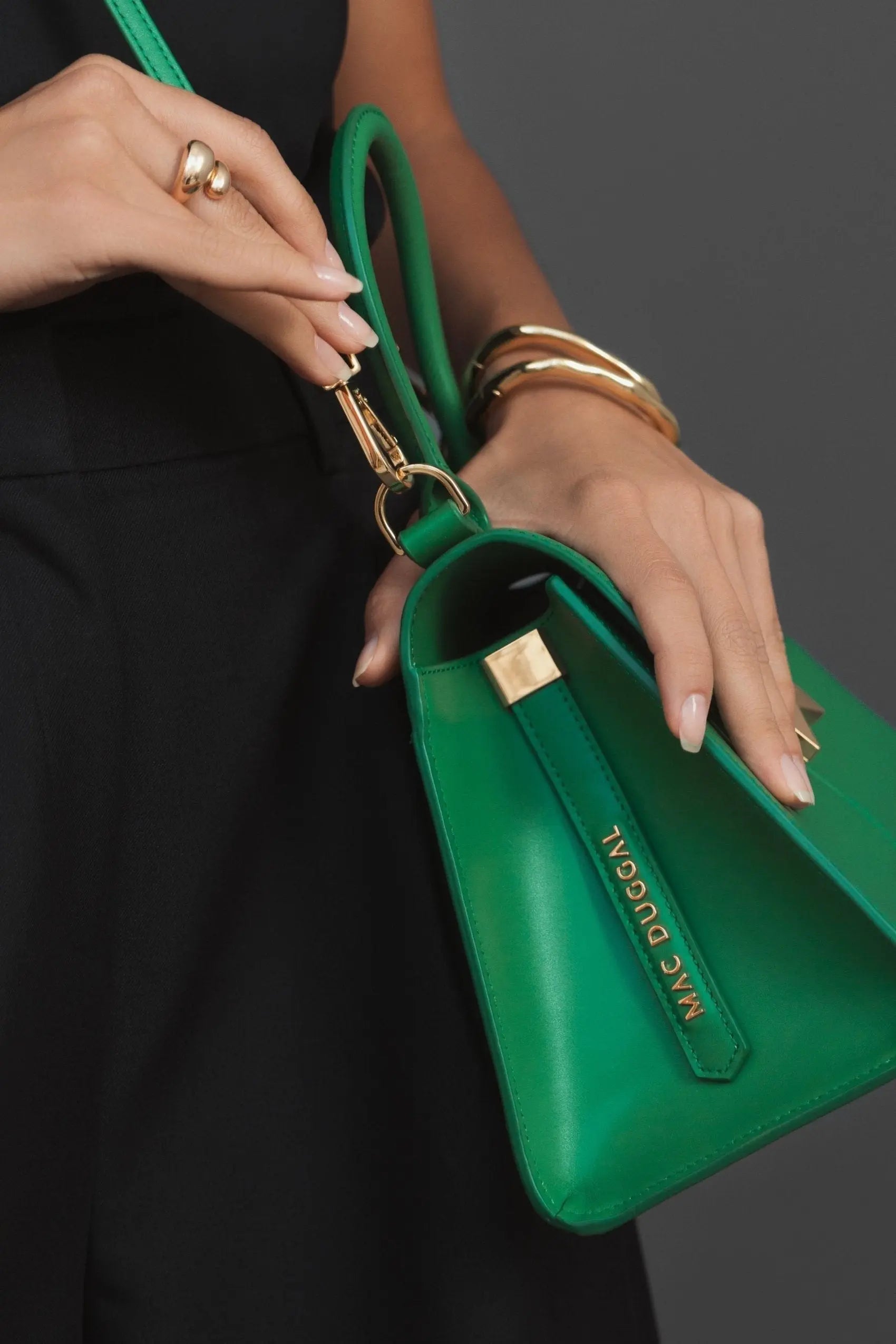 Green Angular Small Leather Handbag With Gold Hardware-Myartka