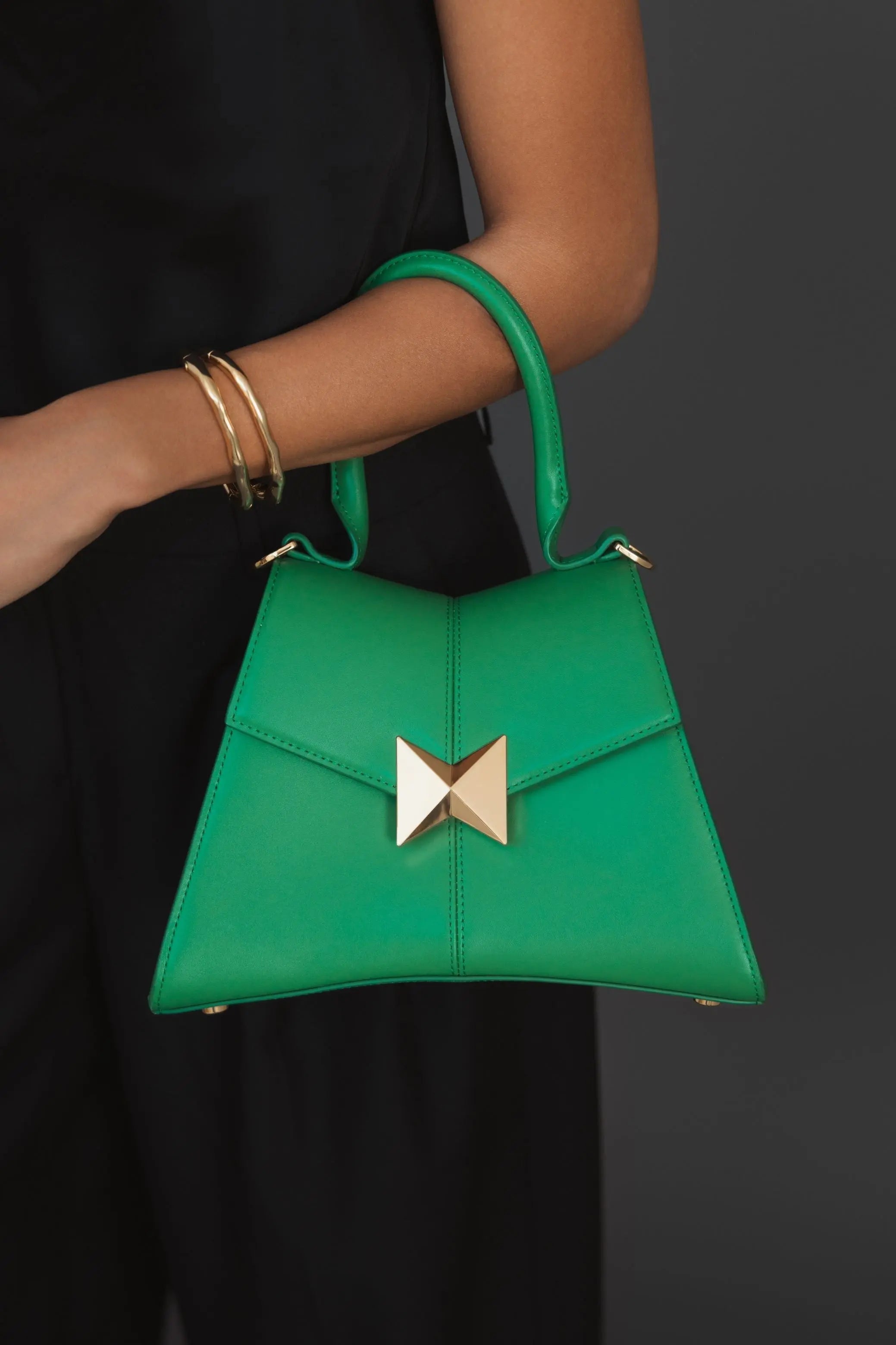 Green Angular Small Leather Handbag With Gold Hardware-Myartka