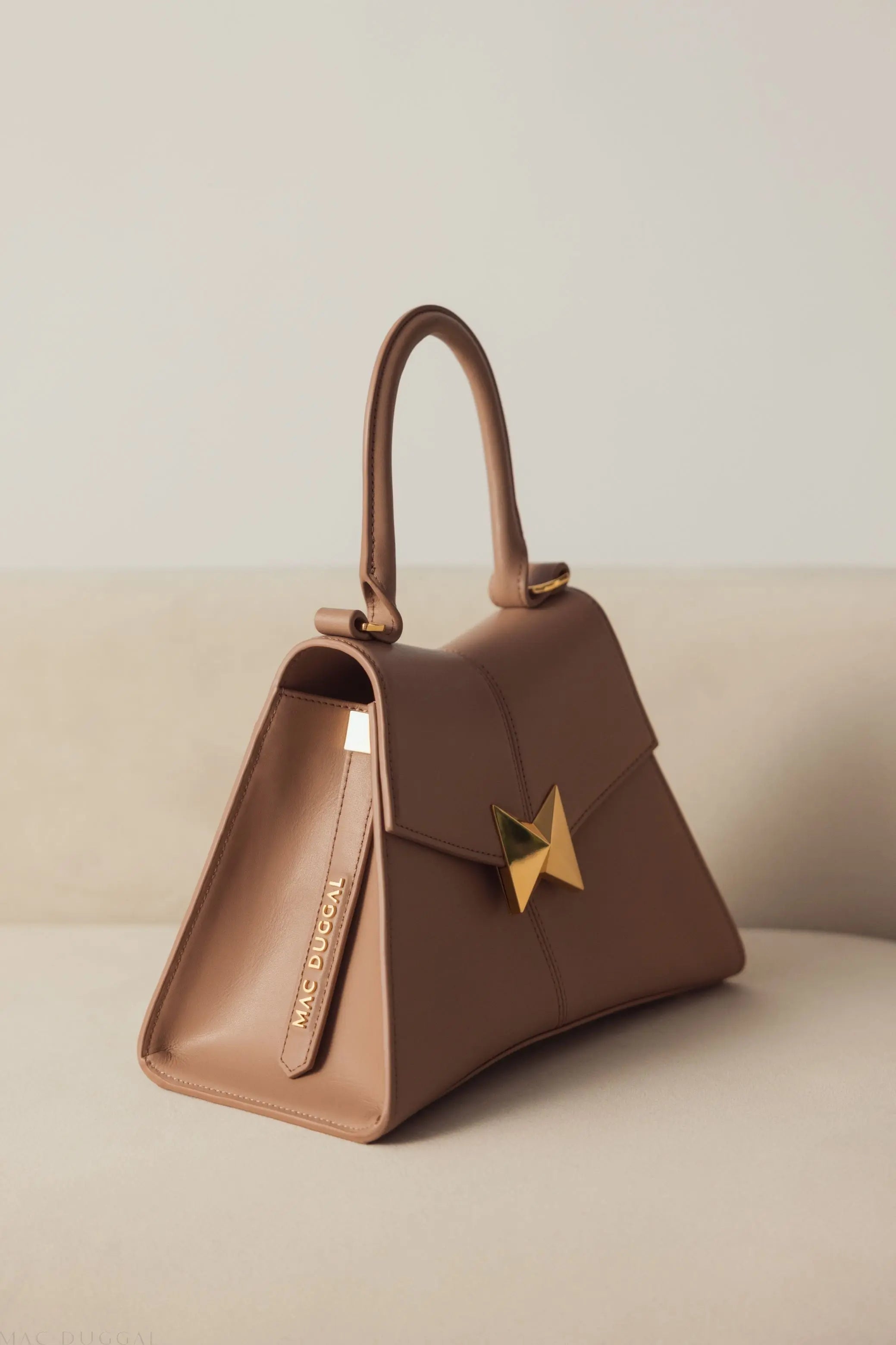 Brown Angular Small Leather Handbag With Gold Hardware-Myartka