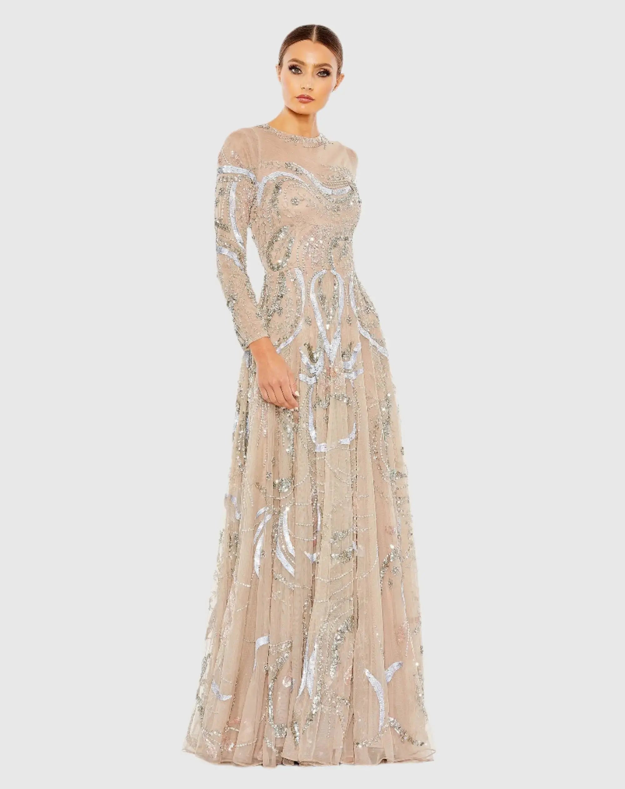 Long Sleeve Embellished Illusion Evening Gown-Myartka