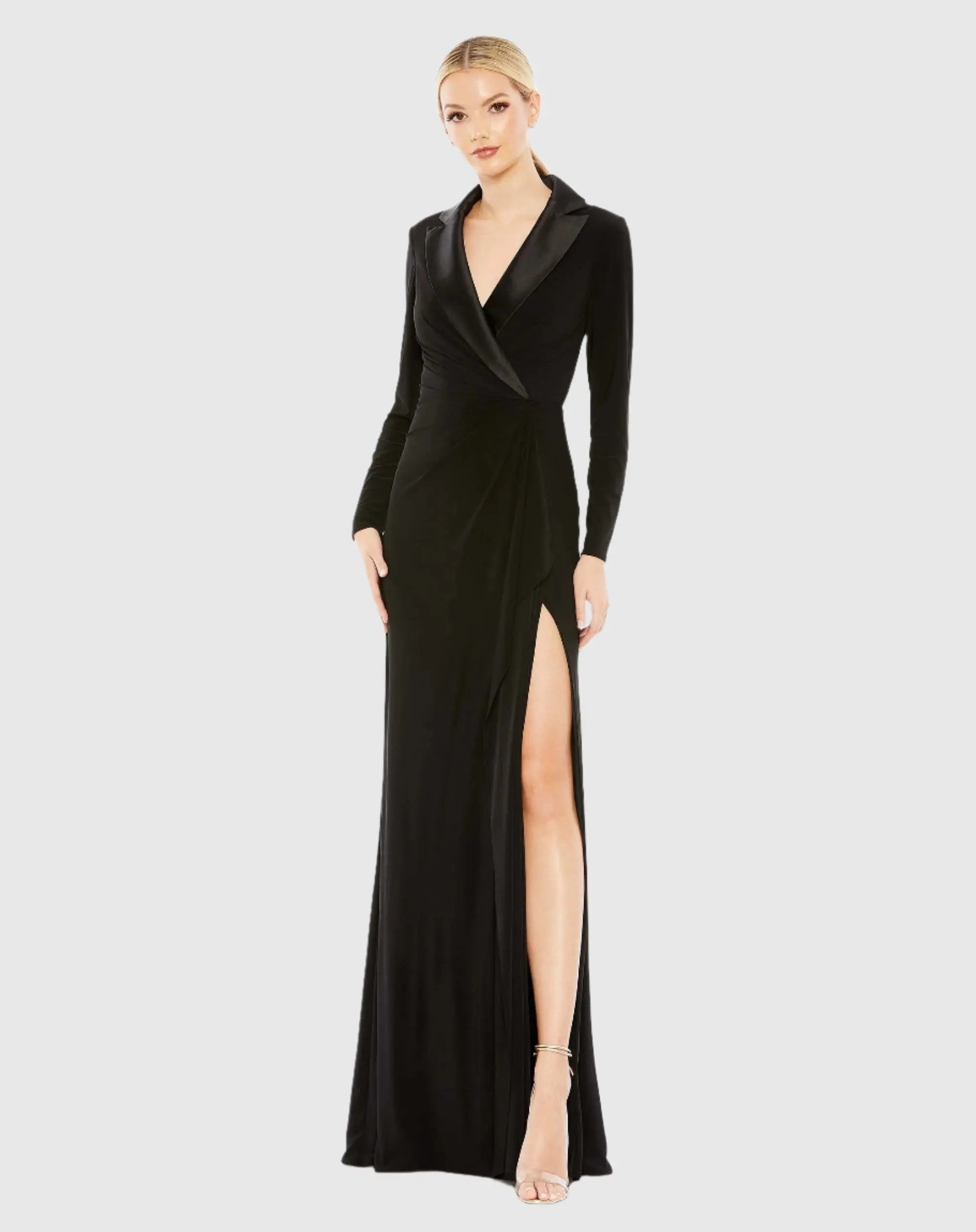 Black Long Sleeve Faux Tuxedo Gown-Myartka