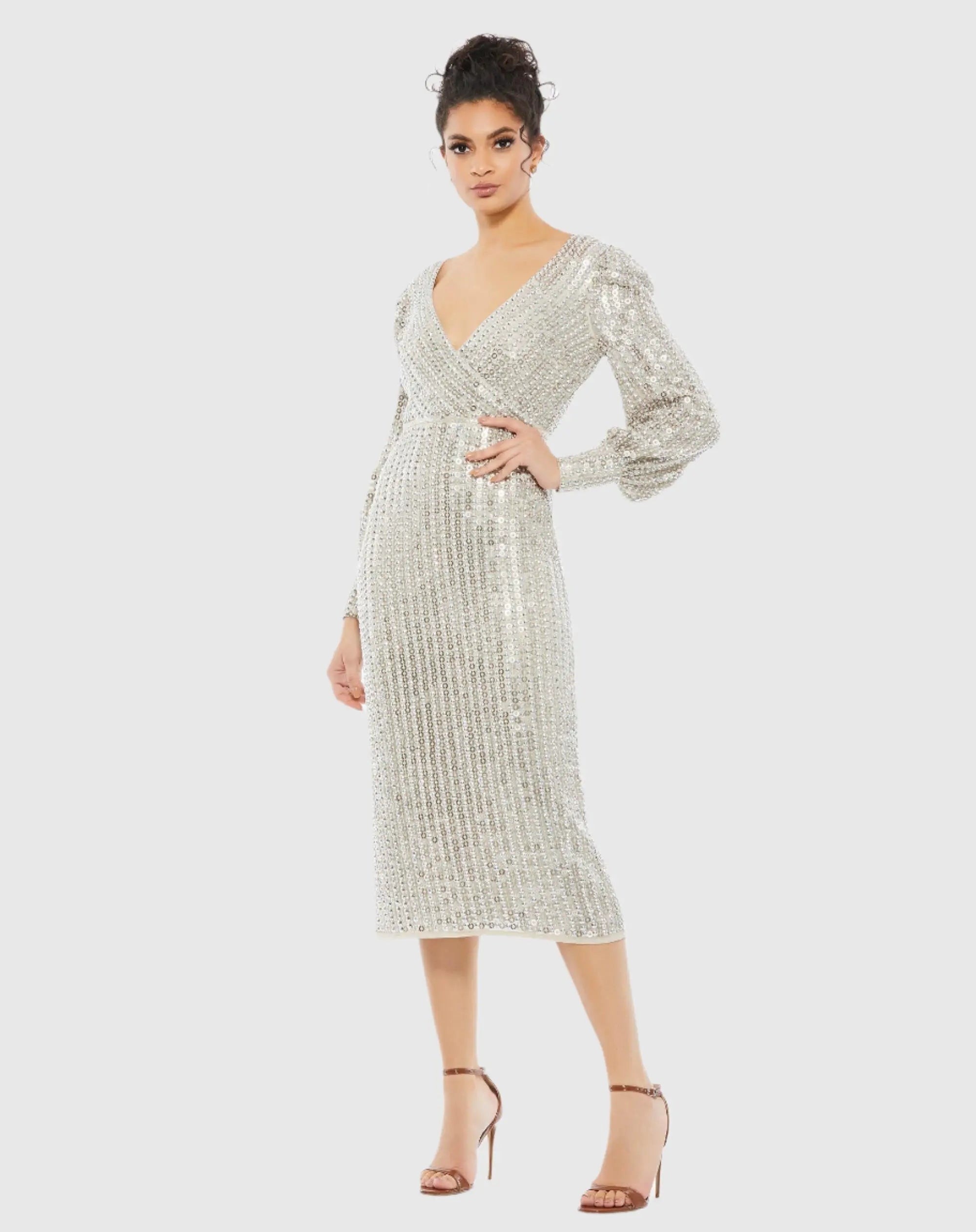 Silver Long Sleeve Midi Dress-Myartka