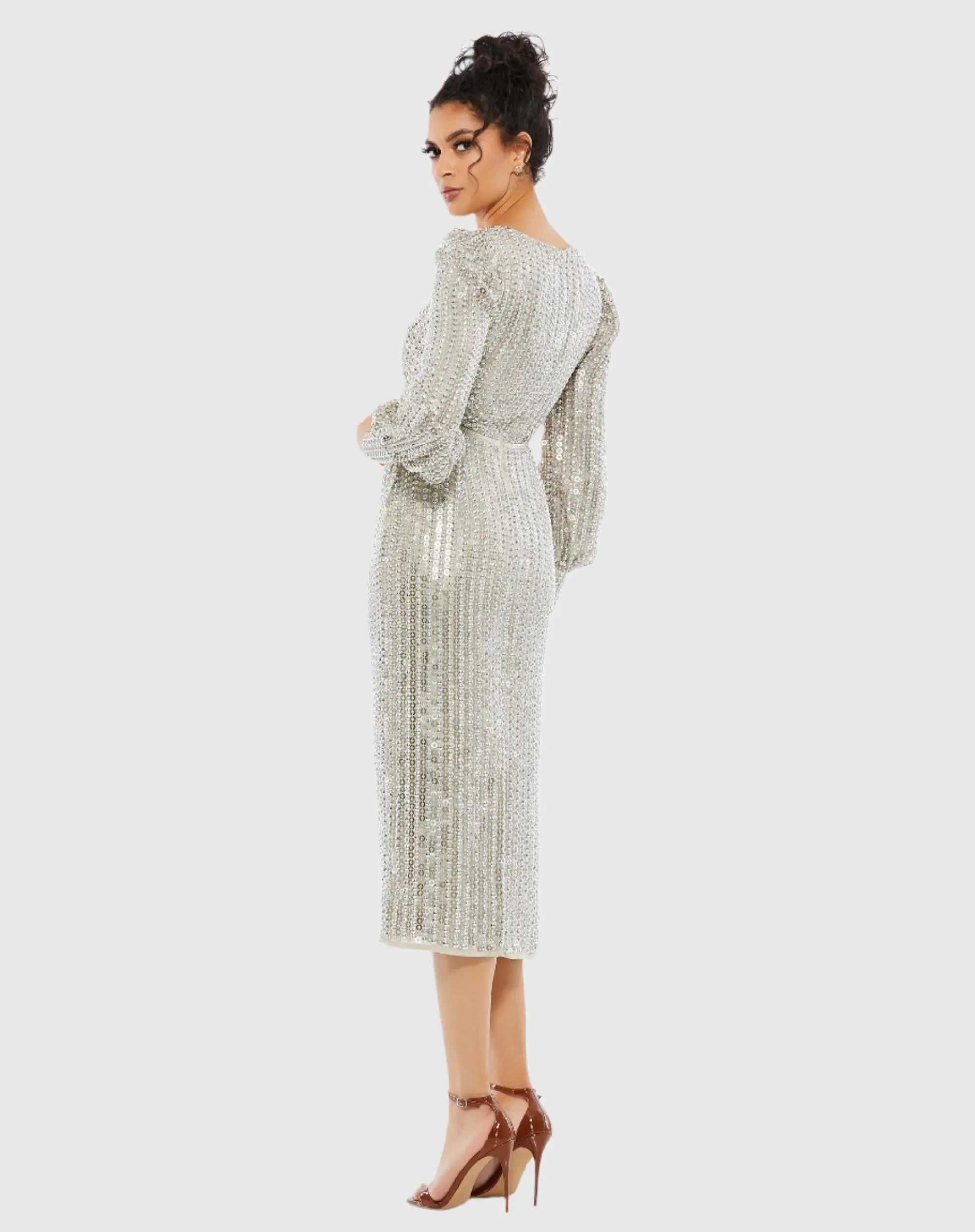 Silver Long Sleeve Midi Dress-Myartka