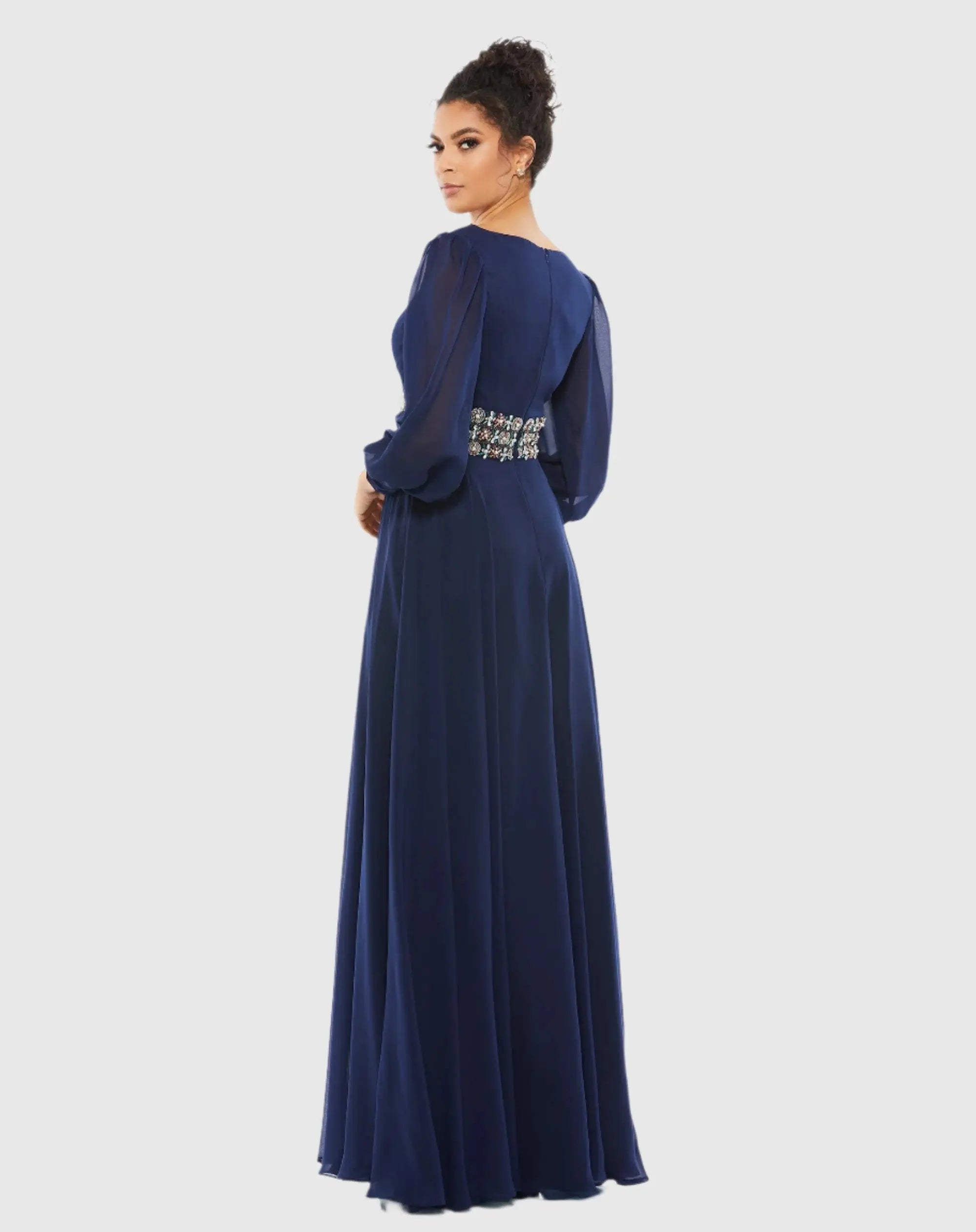 Navy Bishop Sleeve Wrap Over Belt Detail Flowy Gown-Myartka