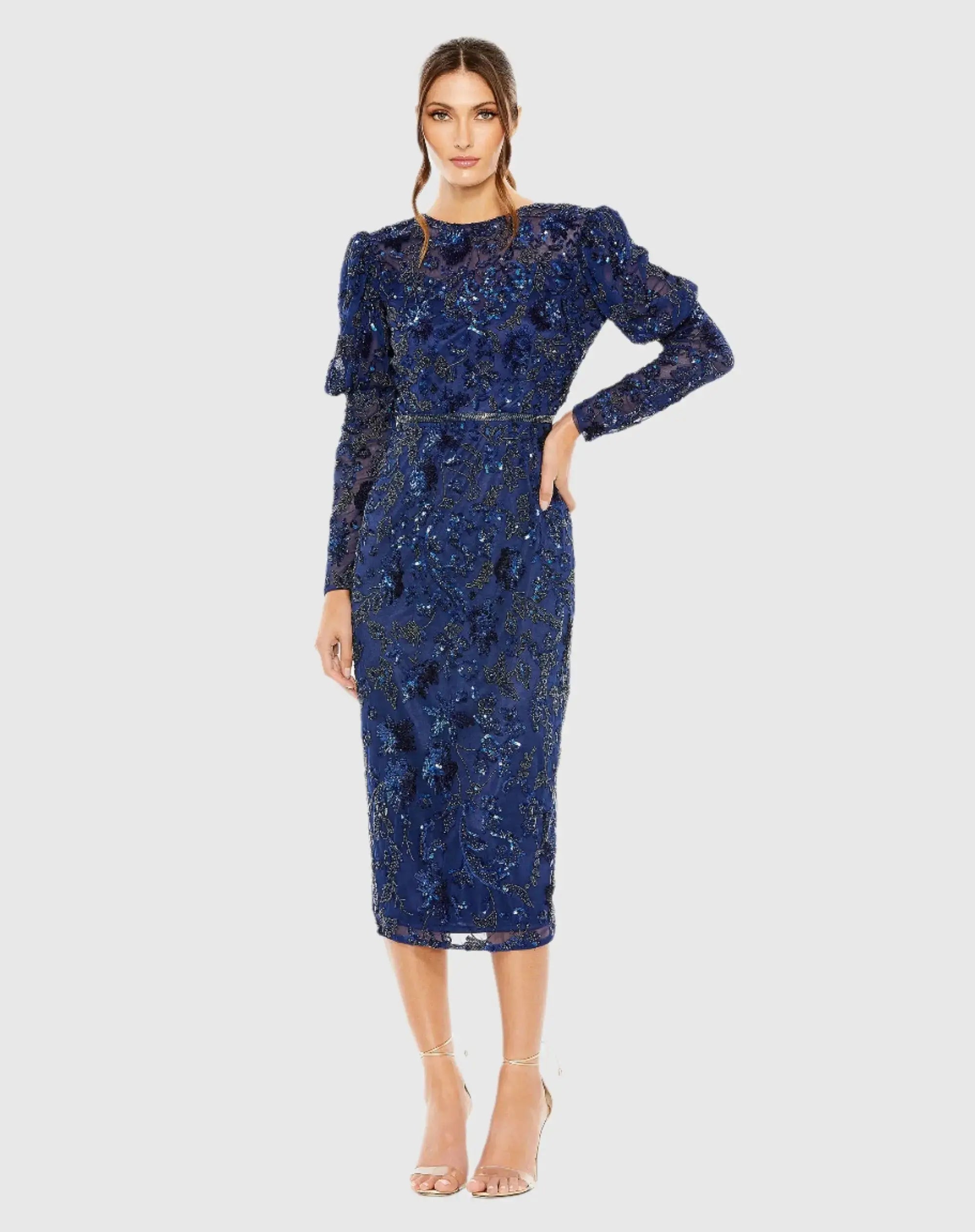 Embellished Puff Sleeve High Neck Dress-Myartka