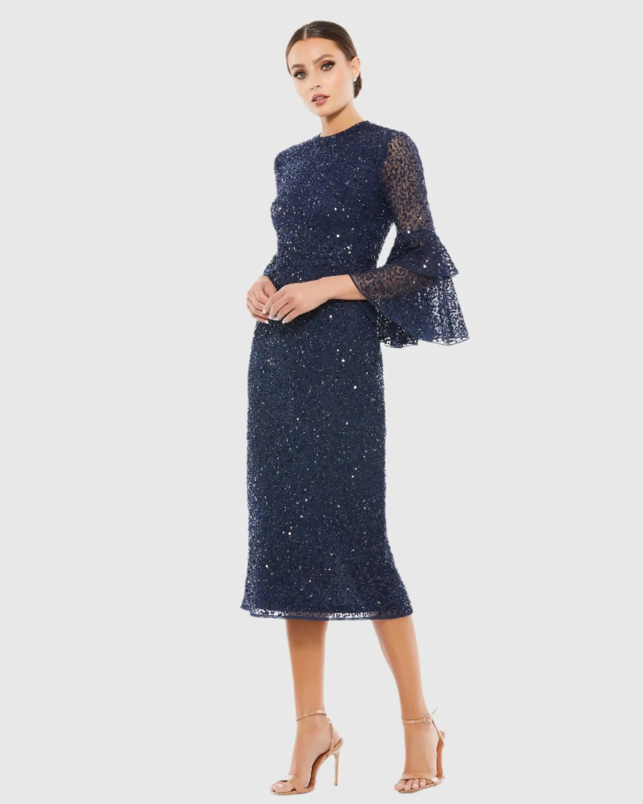 Fully Sequined Ruffle Tiered 3/4 Sleeve Midi Dress-Myartka