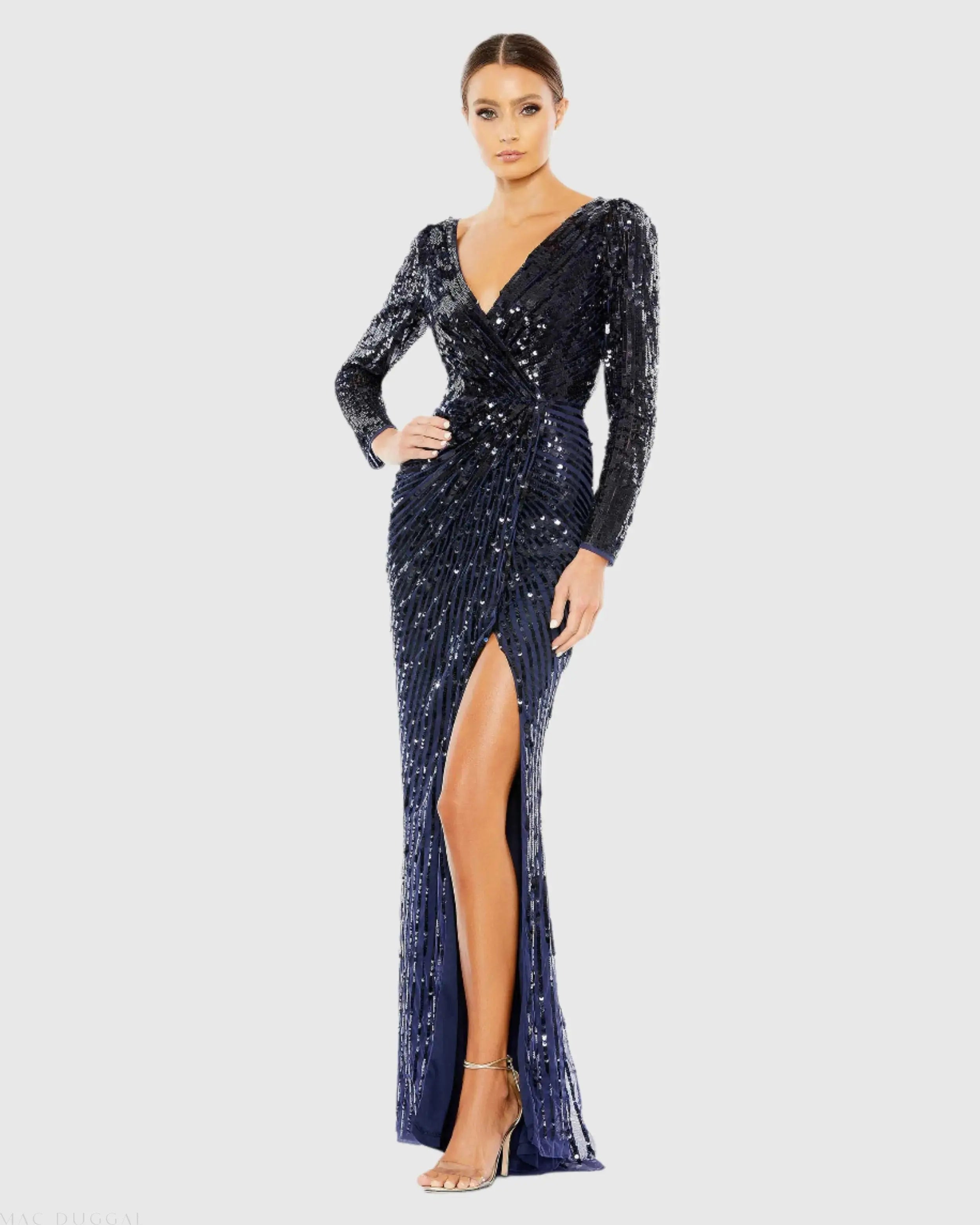 Sequined Faux Wrap Long Sleeve Gown-Myartka