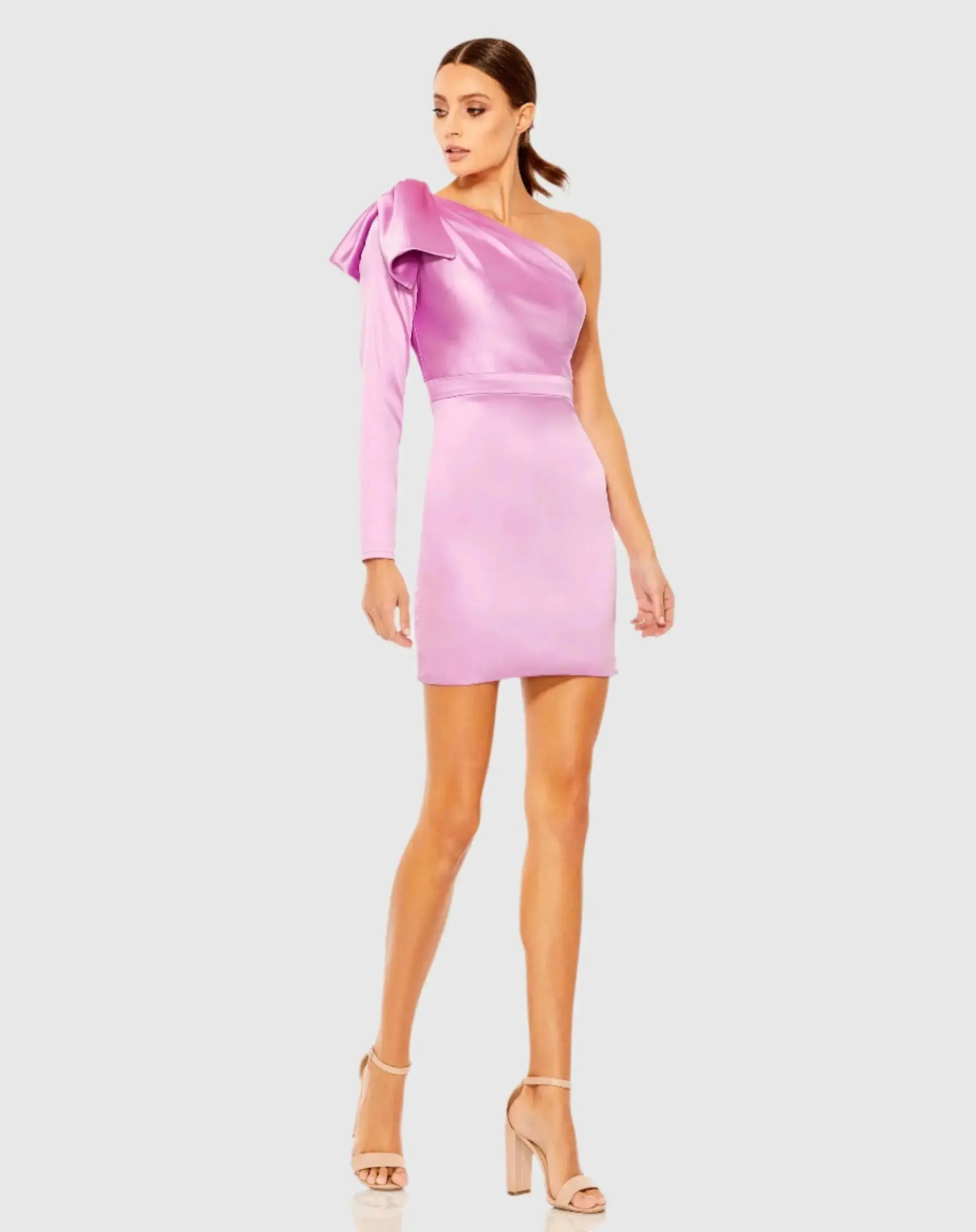 One Shoulder Long Sleeve Satin Mini Dress-Myartka