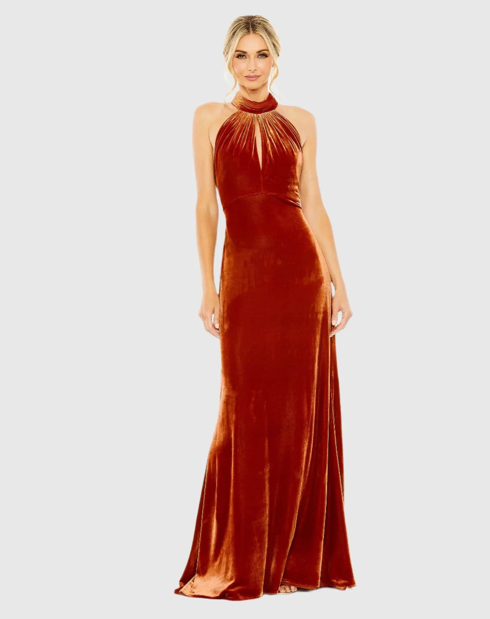 Orange Halter Tie Front Slit Velvet Column Gown-Myartka