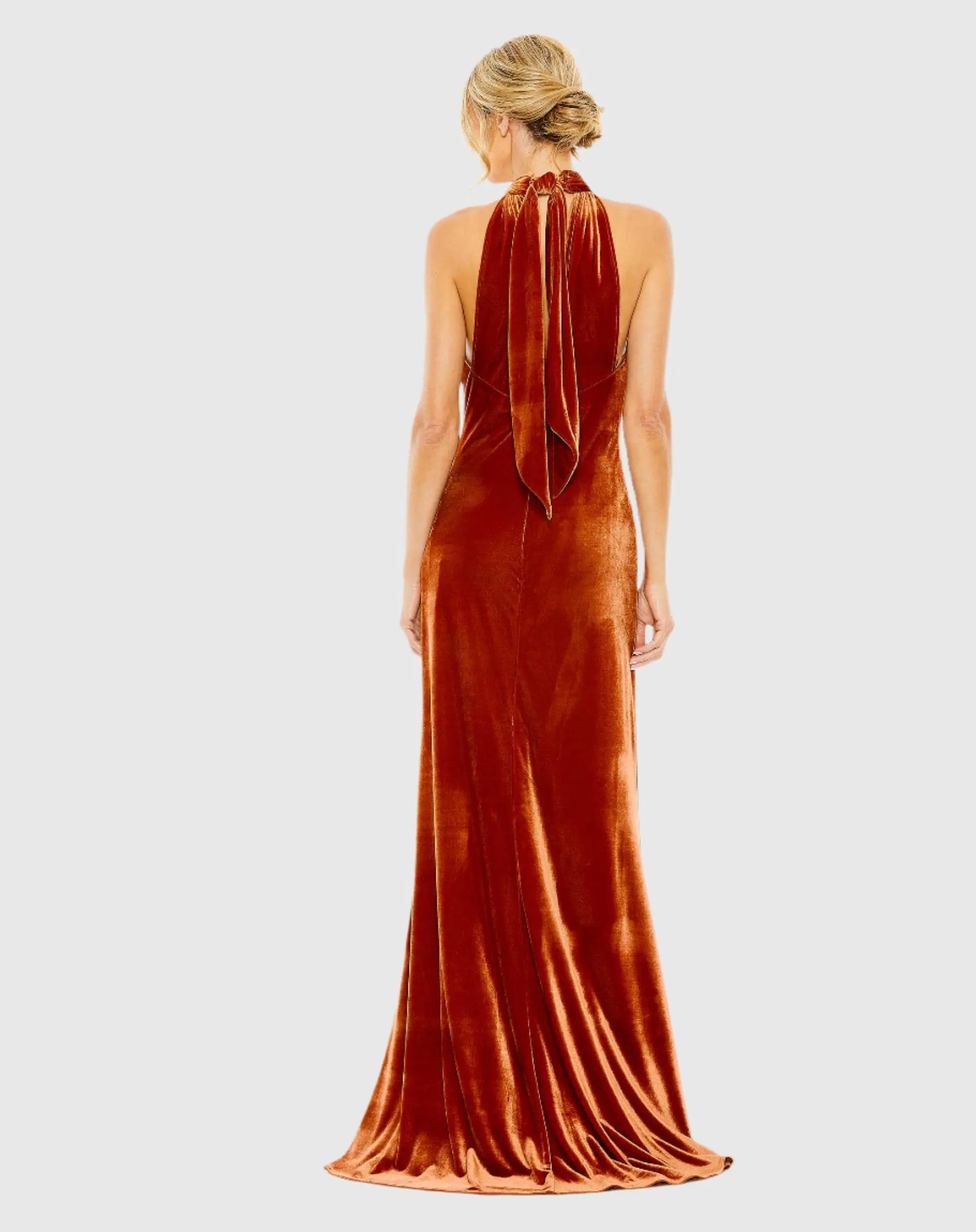 Orange Halter Tie Front Slit Velvet Column Gown-Myartka