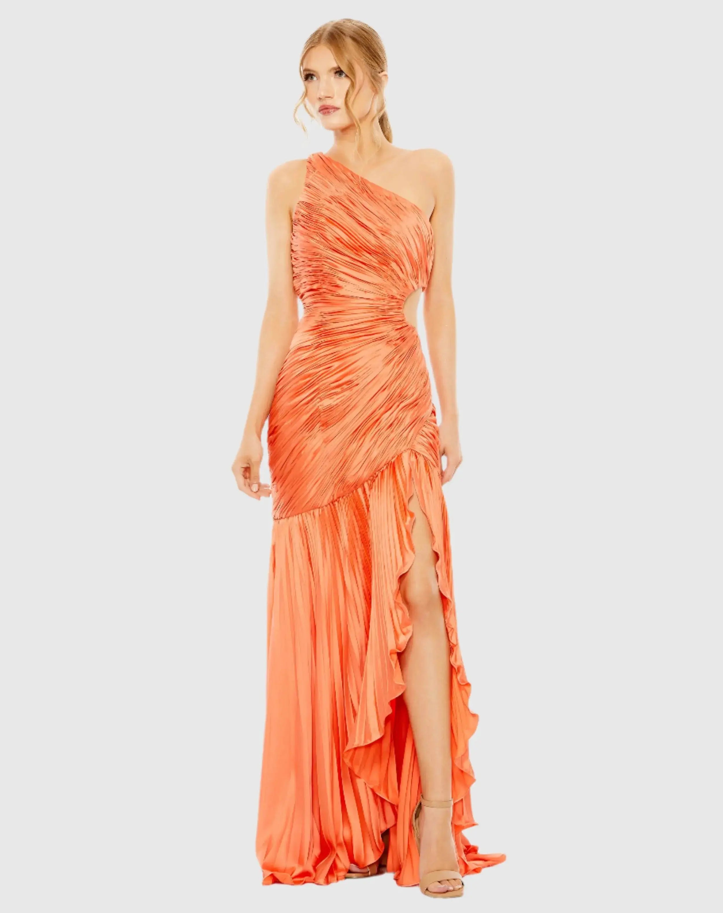 Orange Side Cut-Out One-Shoulder Pleated Gown-Myartka