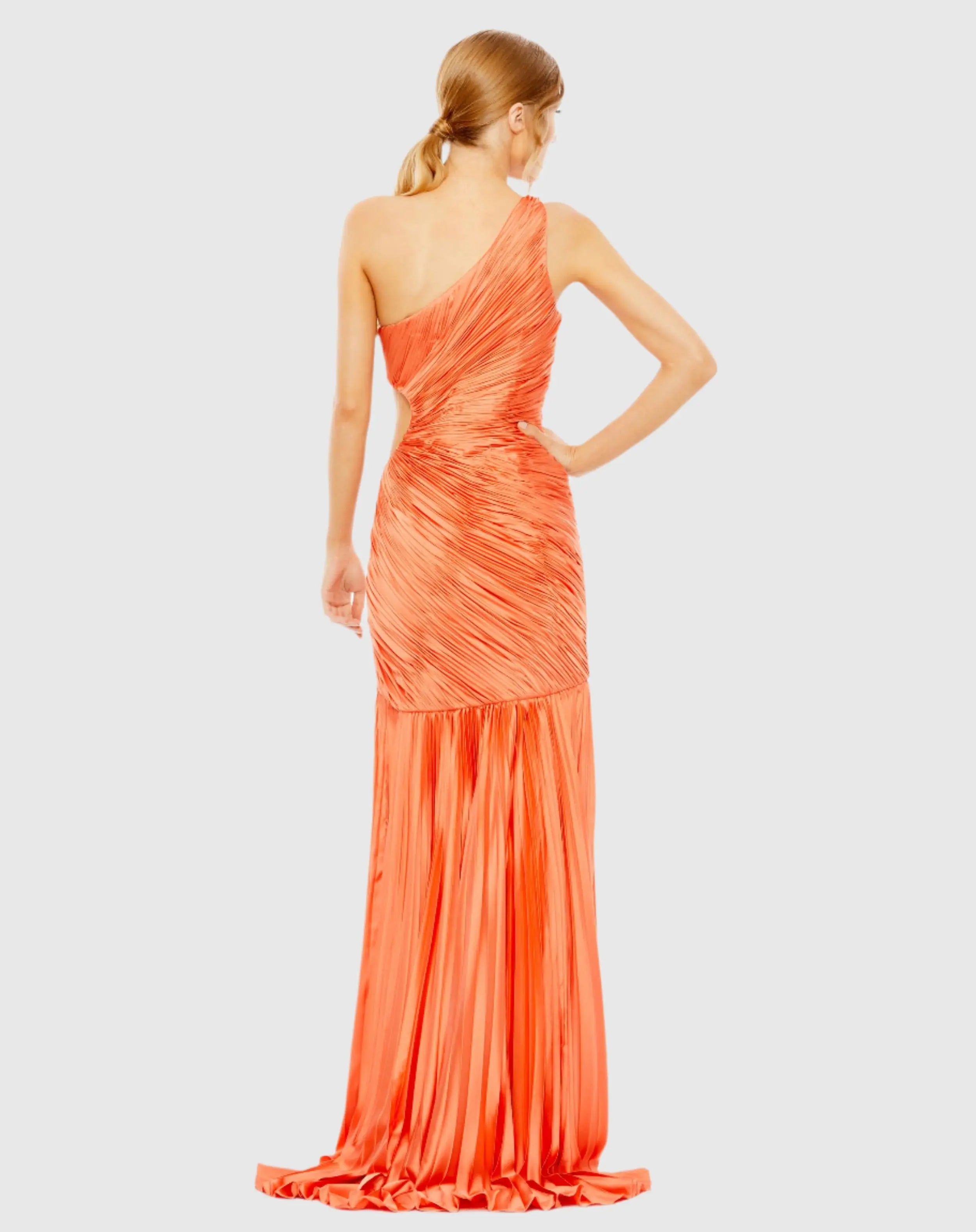 Orange Side Cut-Out One-Shoulder Pleated Gown-Myartka