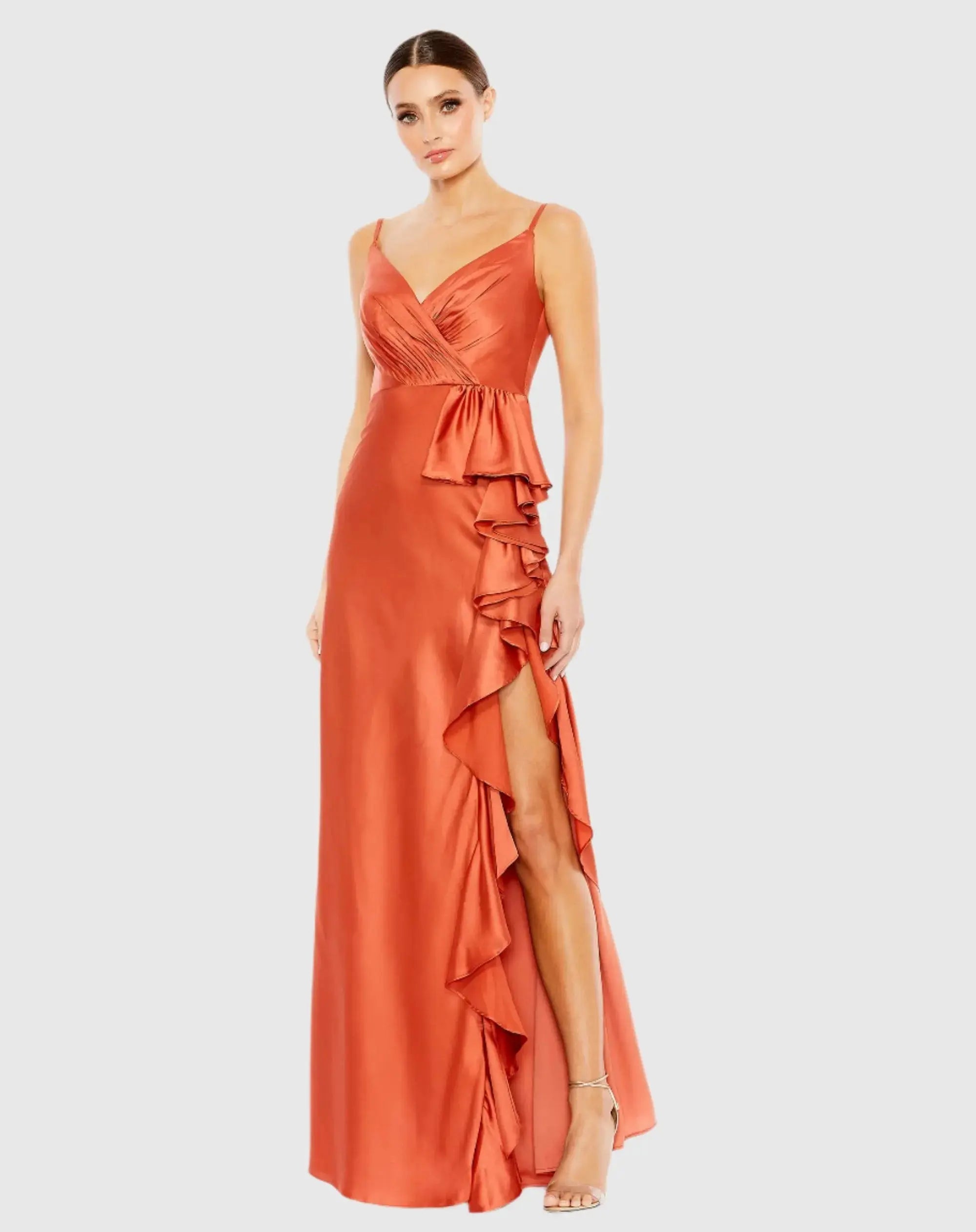 V-Neck Spaghetti Strap Satin Gown-Myartka