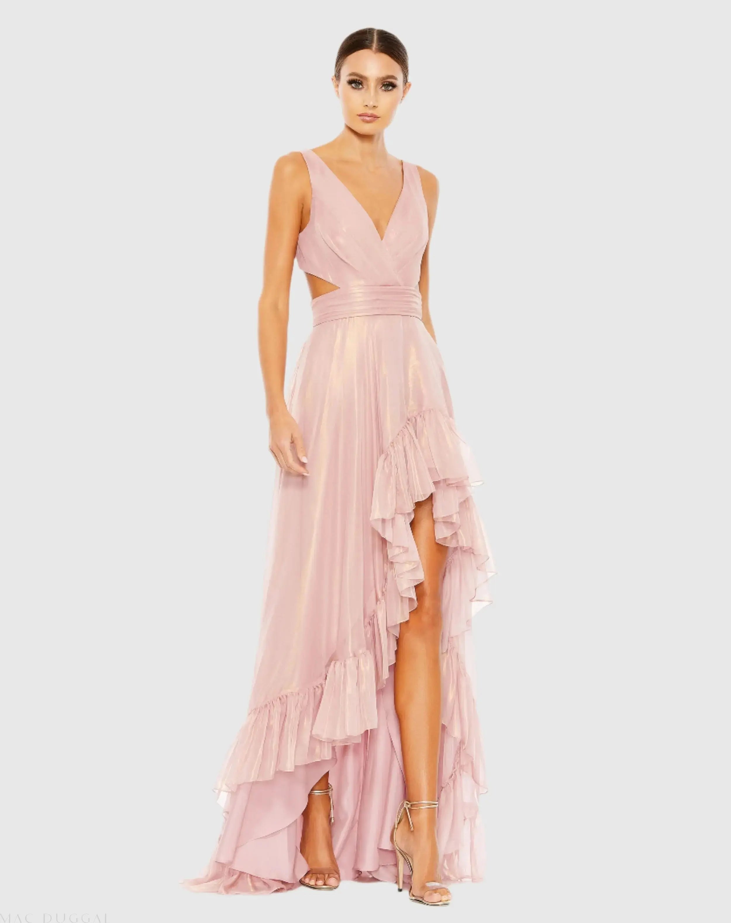 Pink Cut Out High Low Ruffle Gown-Myartka