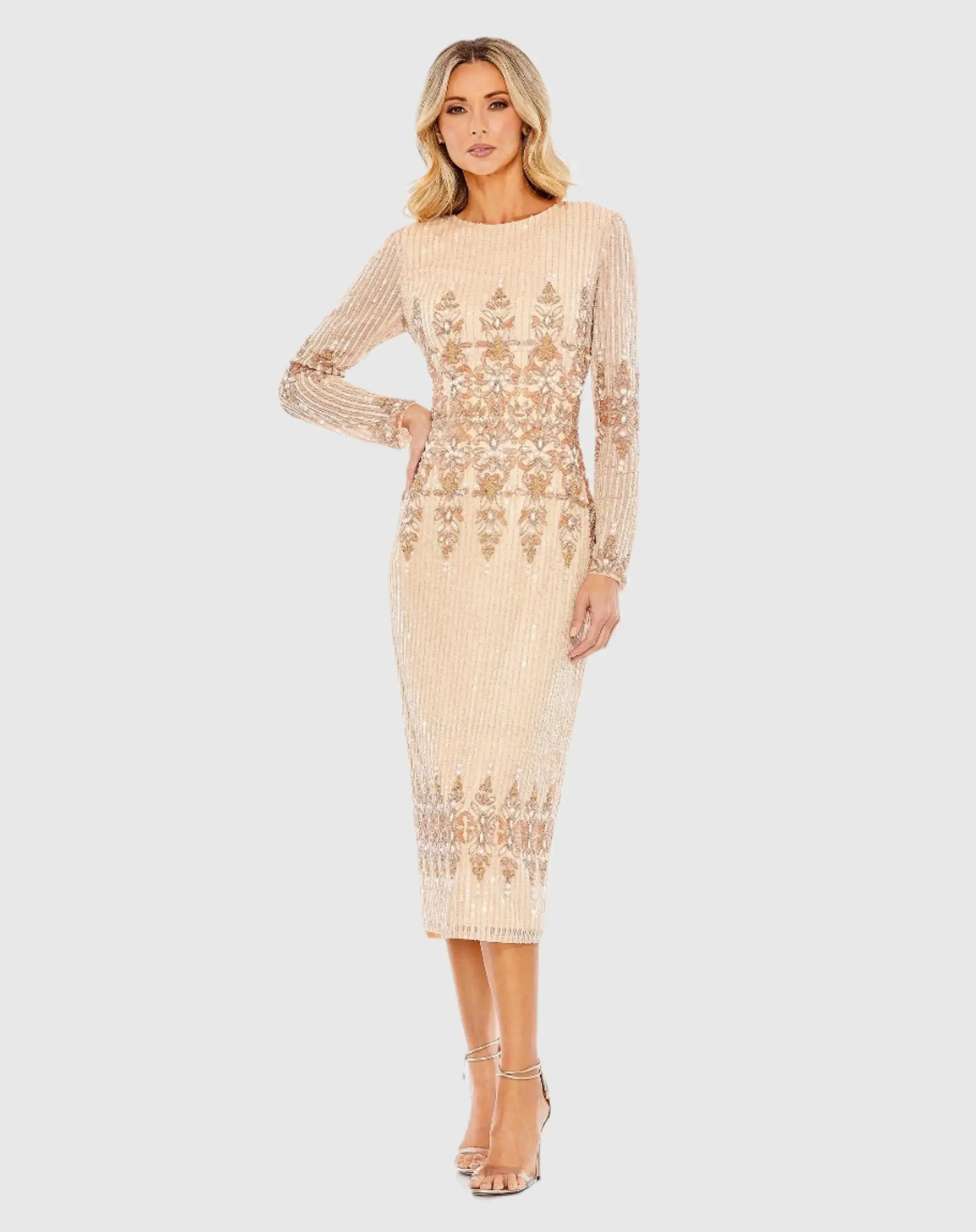 Embellished Long Sleeve High Neck Sheath Dress-Myartka