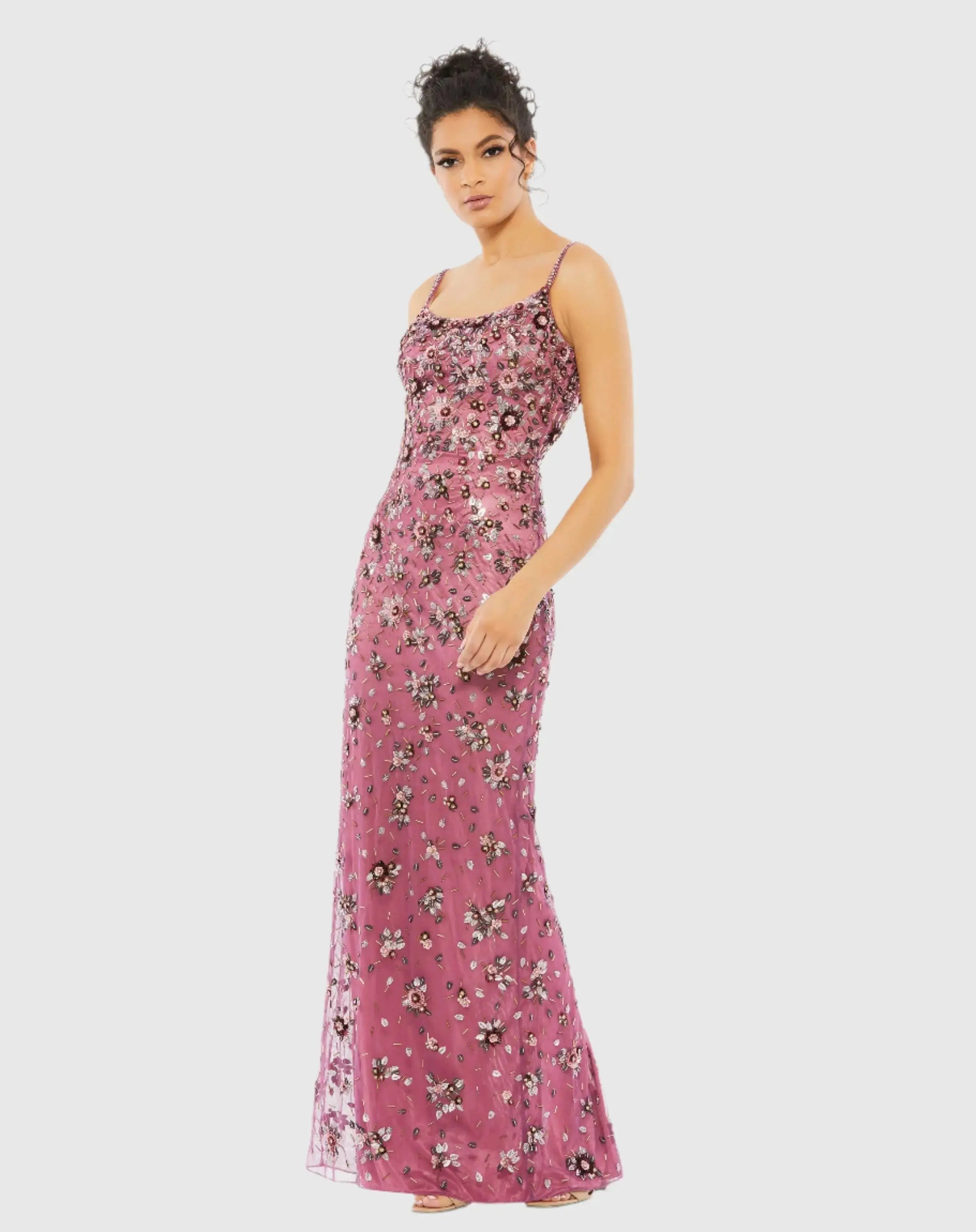 Floral Embellished Scoop Neck Evening Gown-Myartka