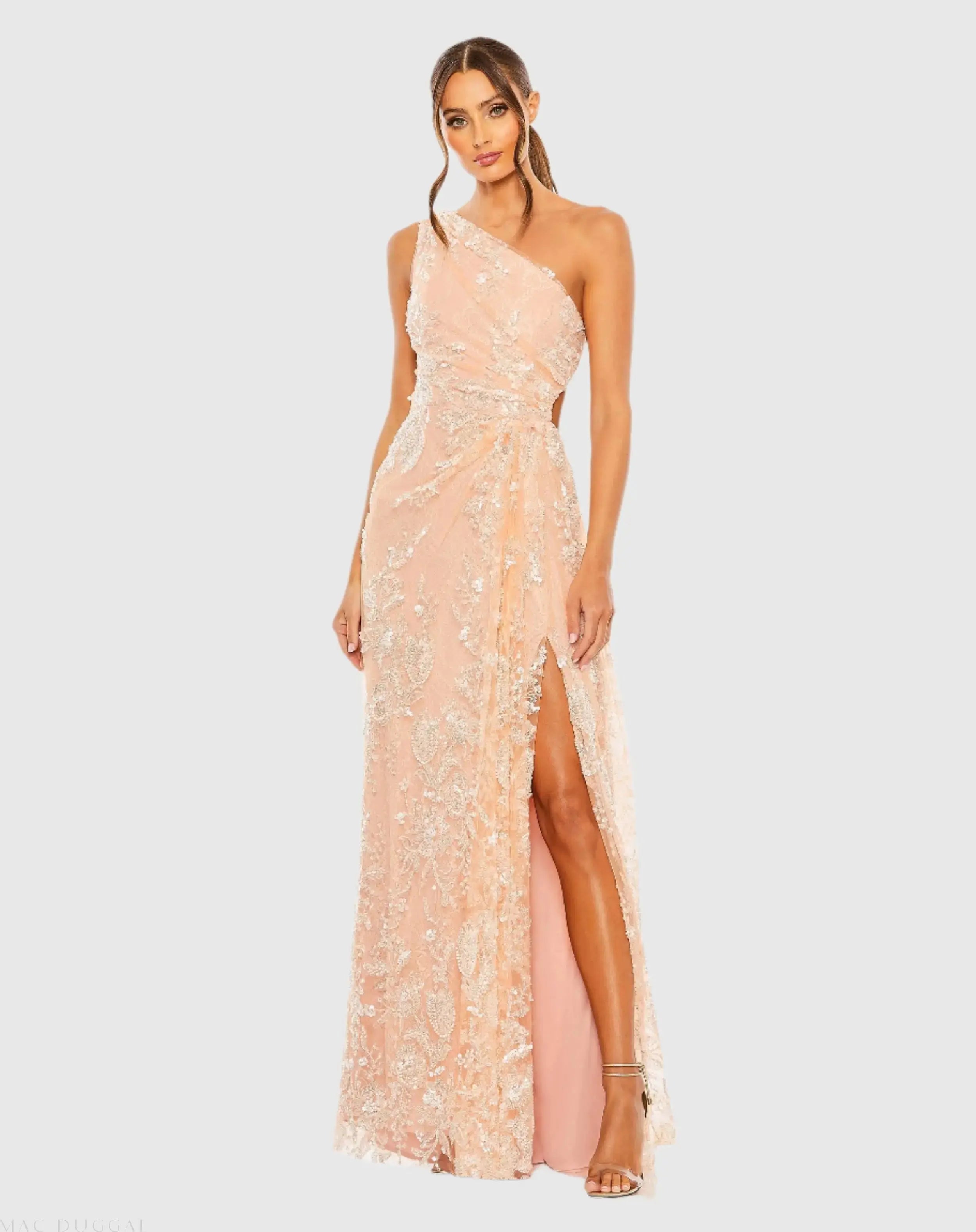 Pink One Shoulder Side Cut Embellished Gown-Myartka
