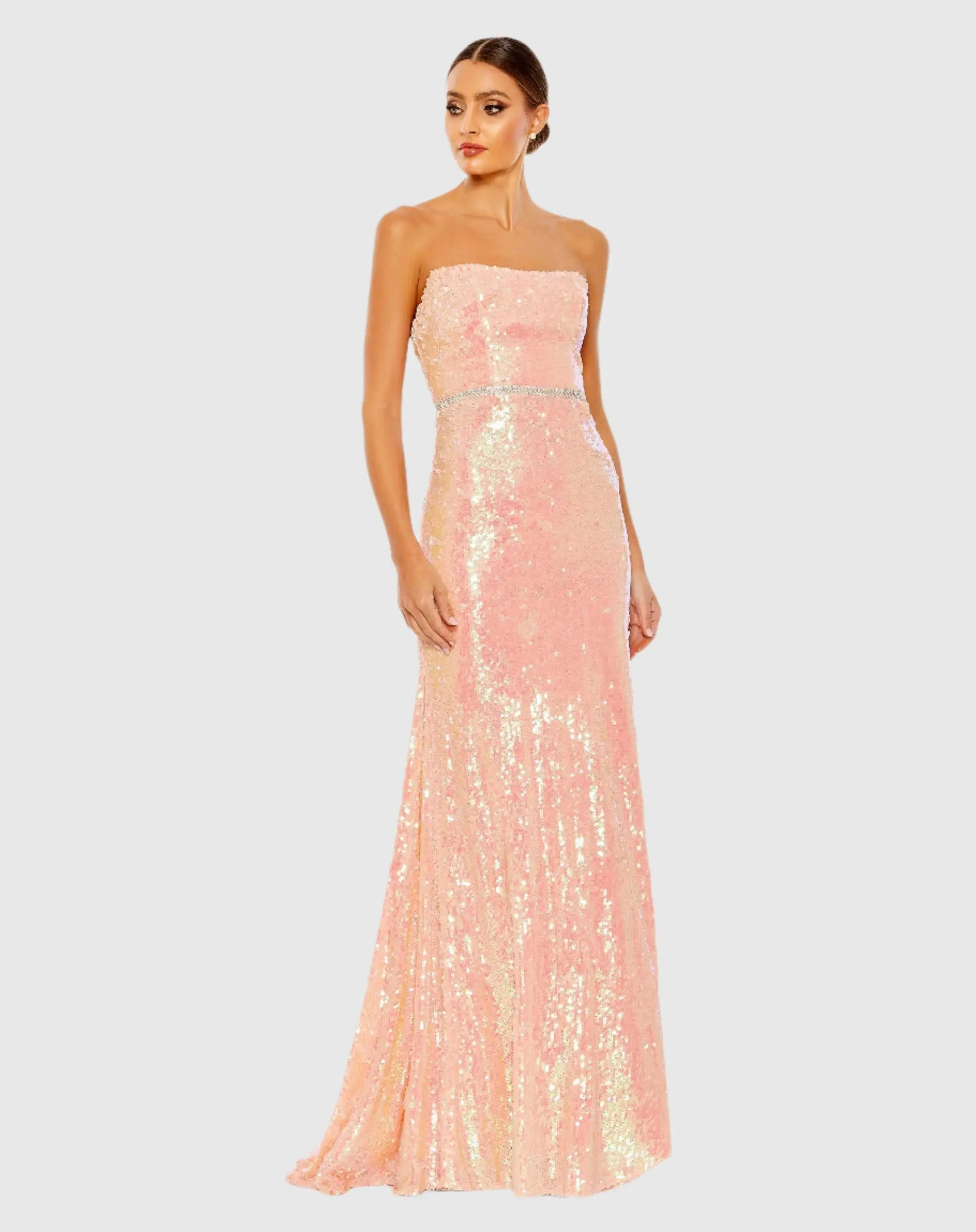 Sequined Strapless Rhinestone Belt Gown-Myartka