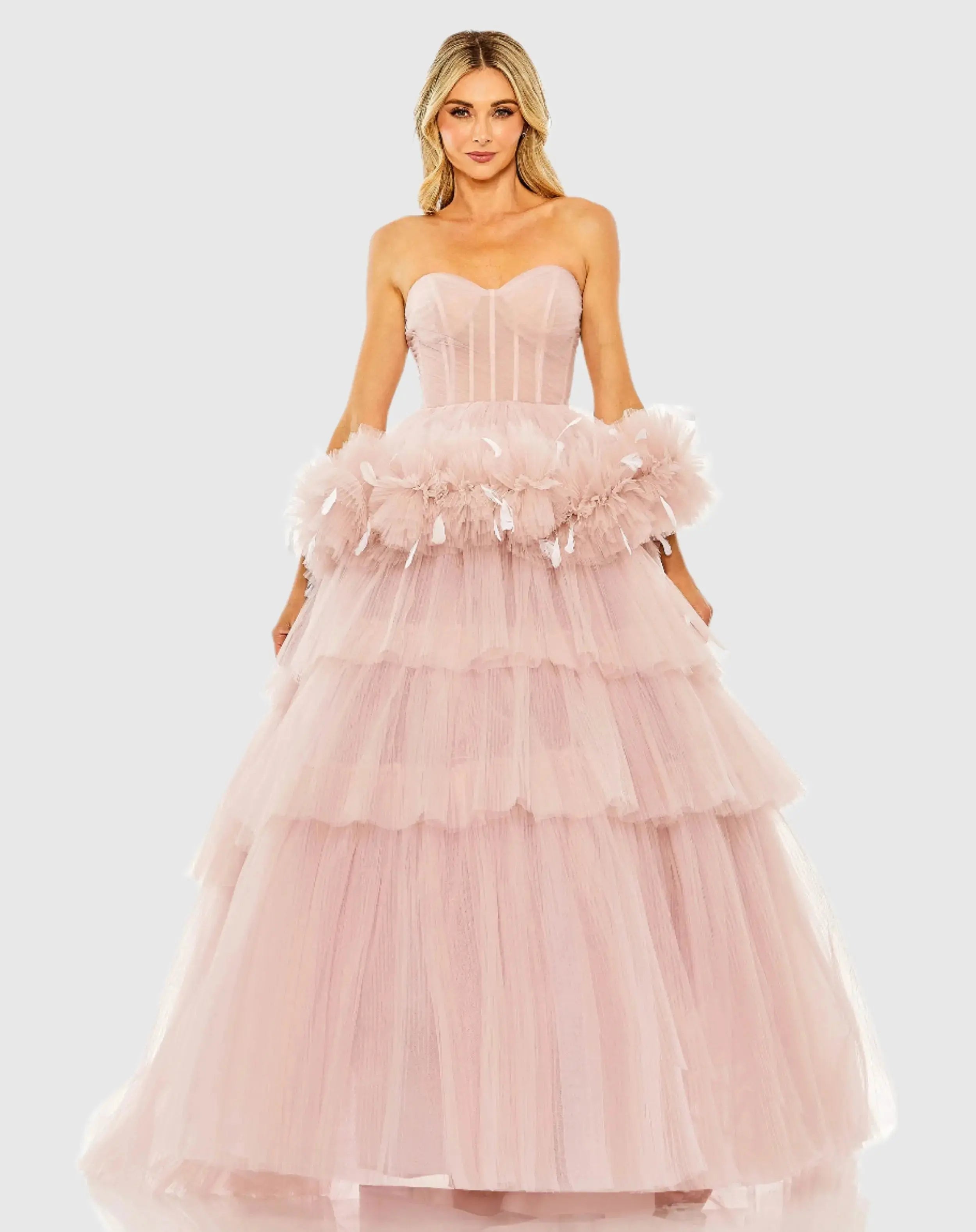 Pink Strapless Tulle Gown with Feather Detail - FINAL SALE-Myartka