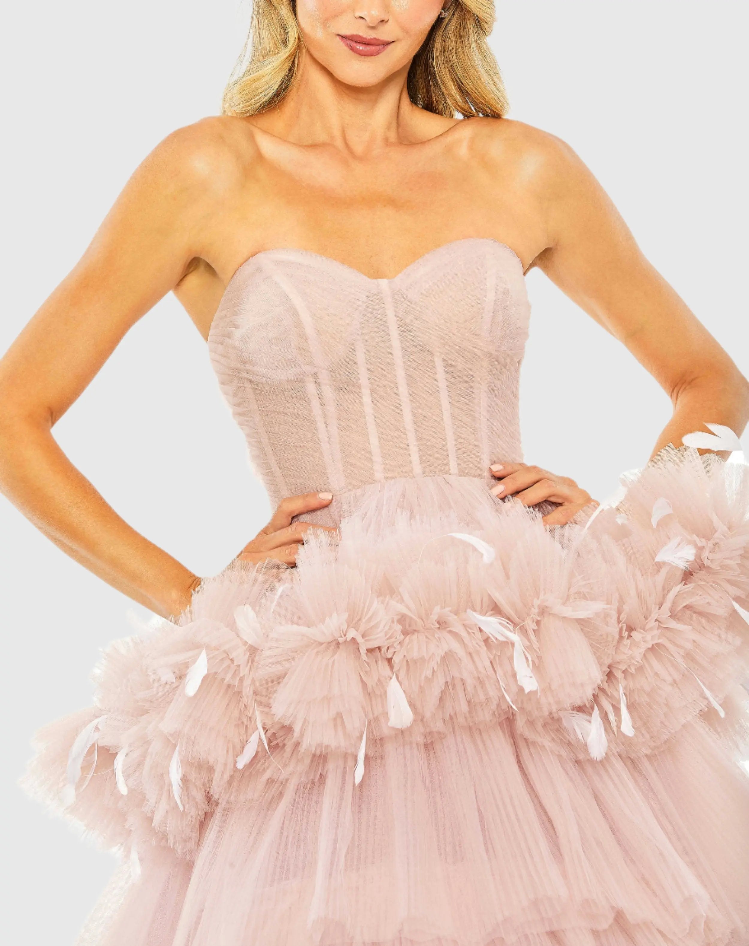 Pink Strapless Tulle Gown with Feather Detail - FINAL SALE-Myartka