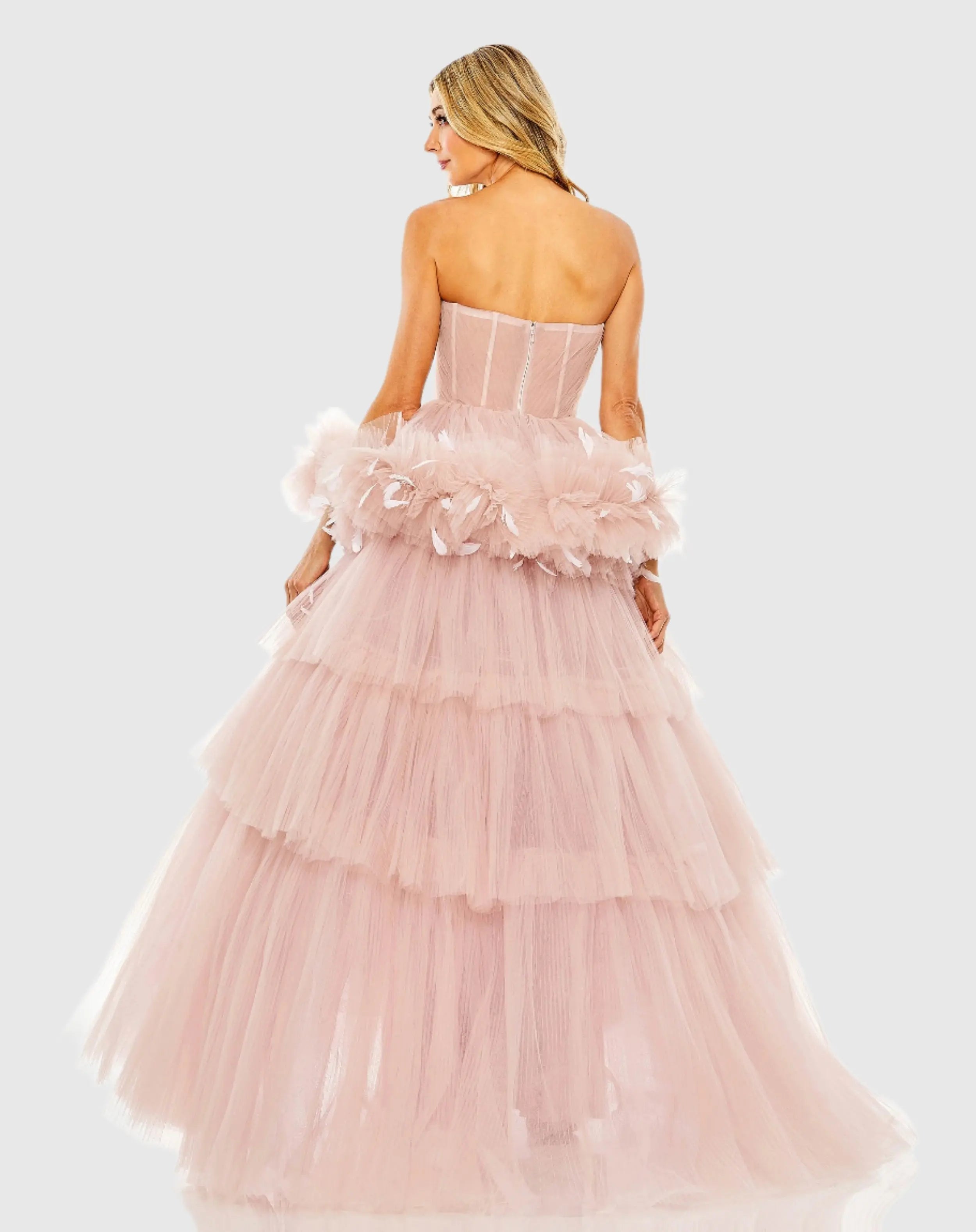 Pink Strapless Tulle Gown with Feather Detail - FINAL SALE-Myartka