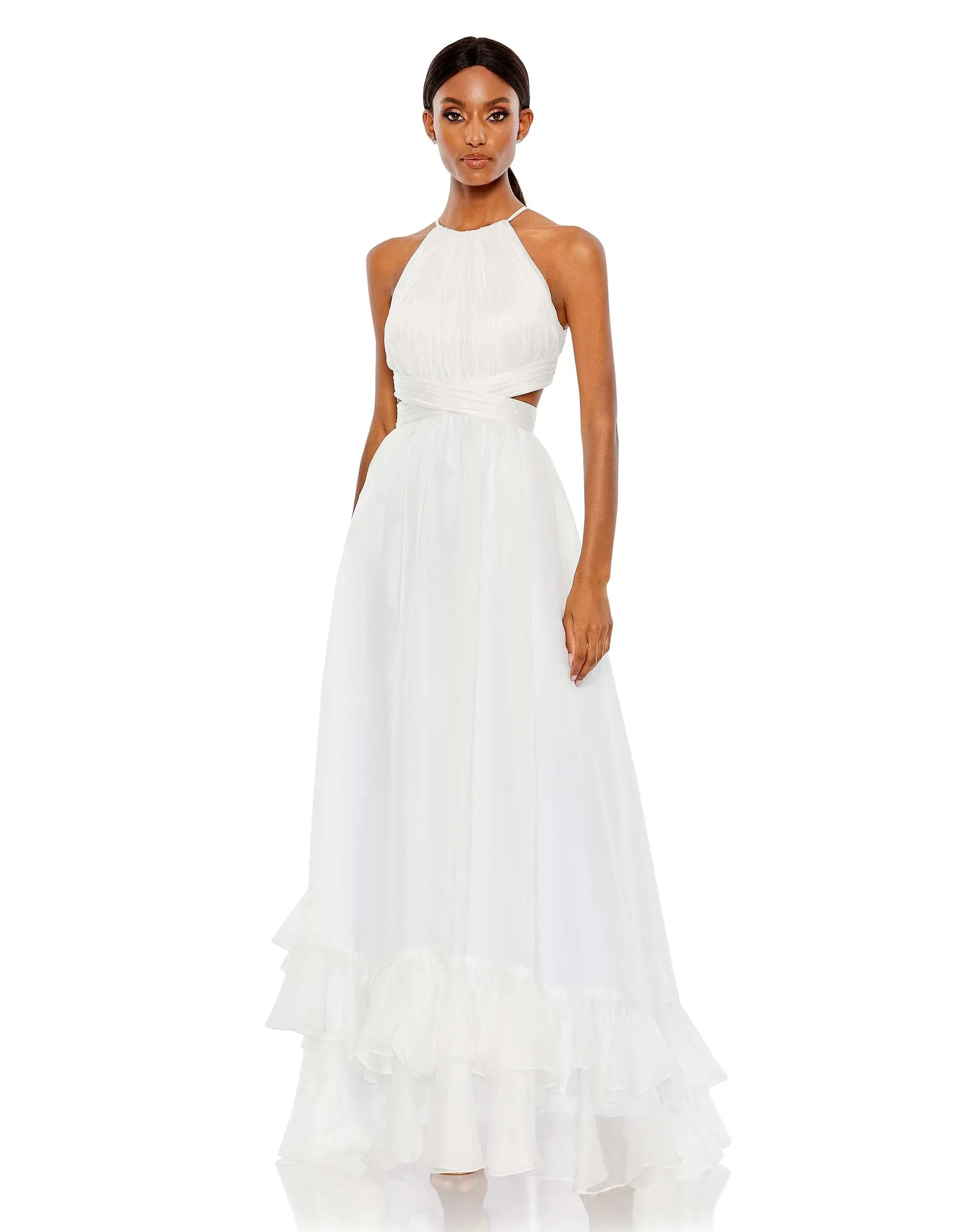 White Pleated Criss Cross Cut-Out Halter Neck Gown-Myartka