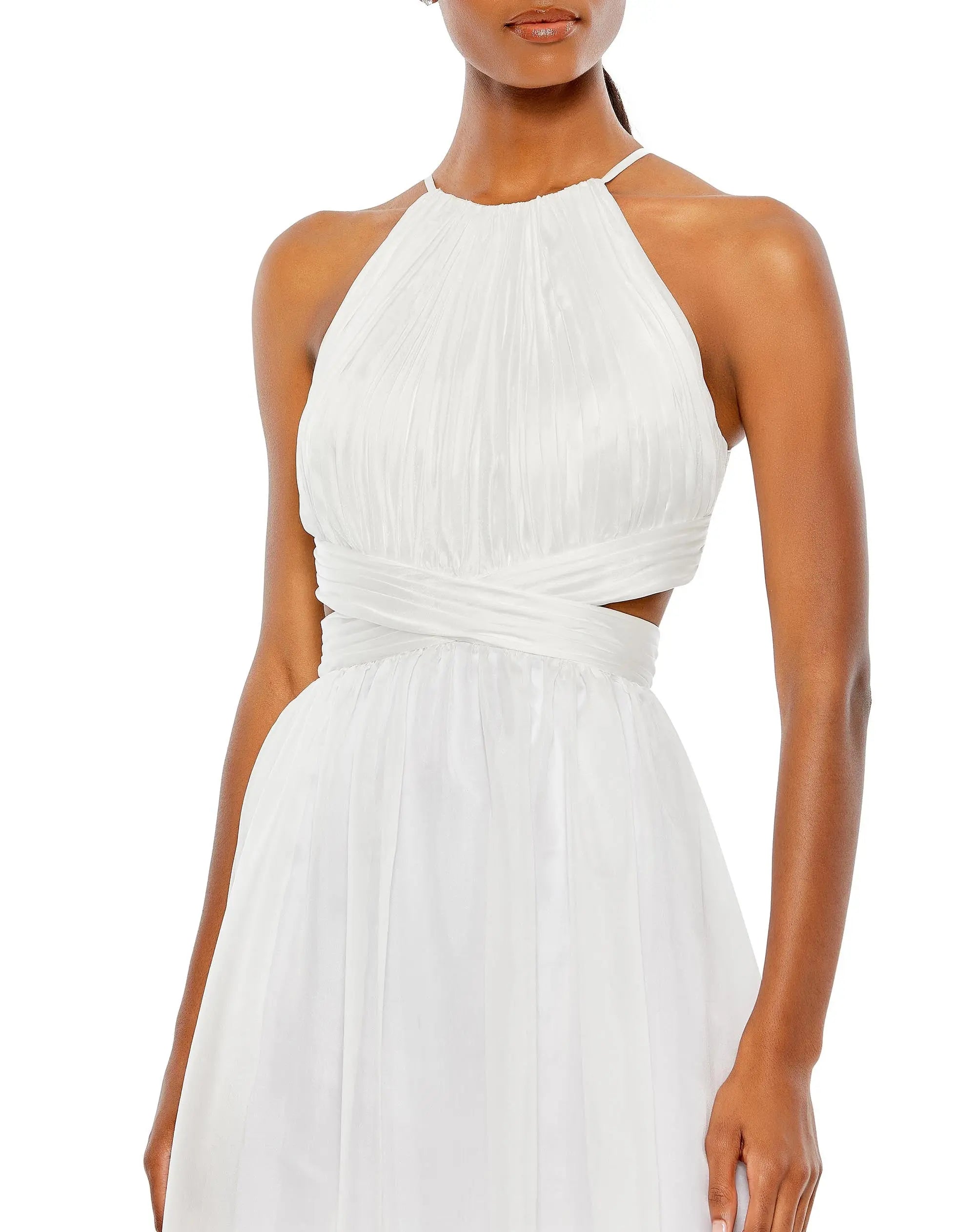 White Pleated Criss Cross Cut-Out Halter Neck Gown-Myartka