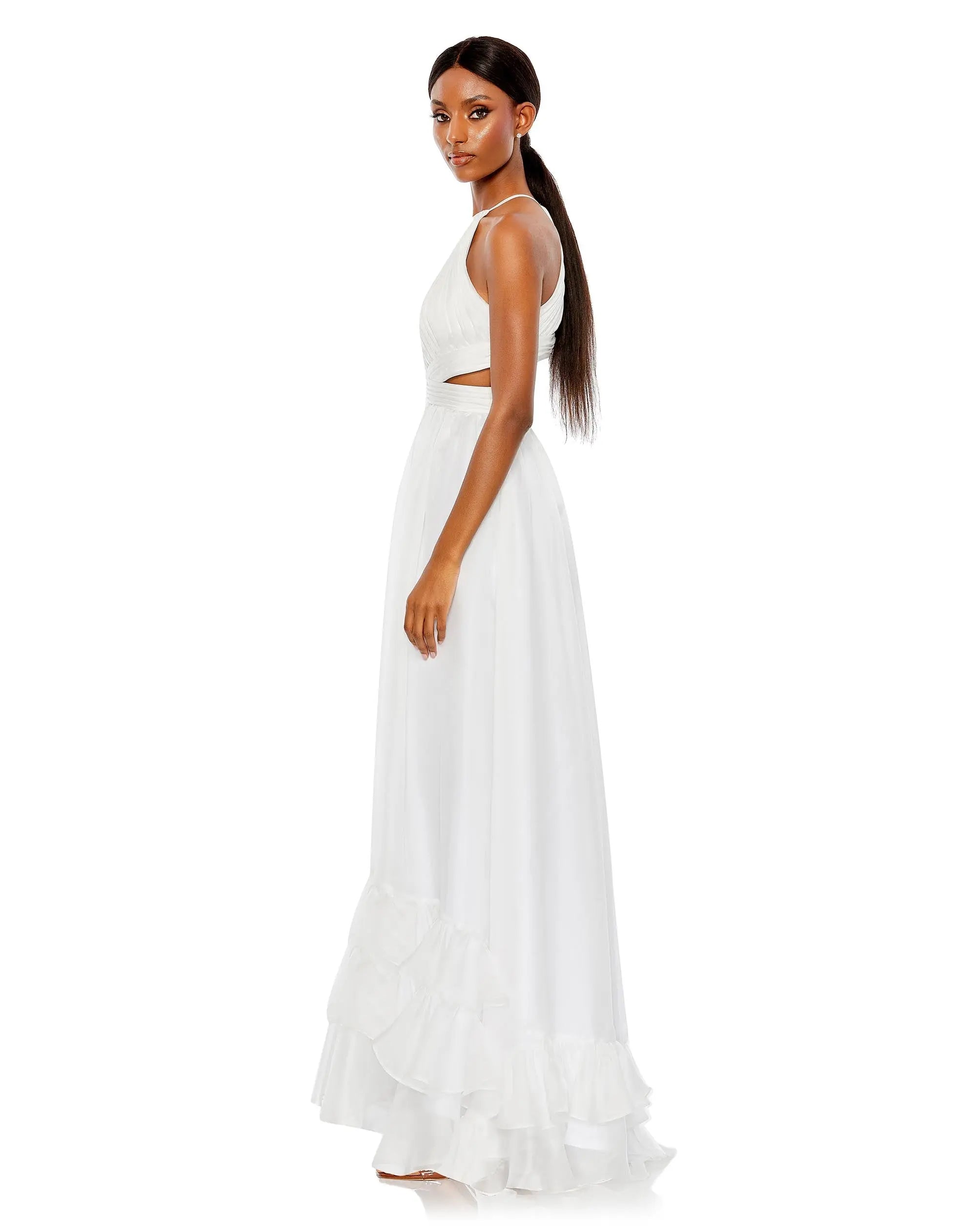 White Pleated Criss Cross Cut-Out Halter Neck Gown-Myartka