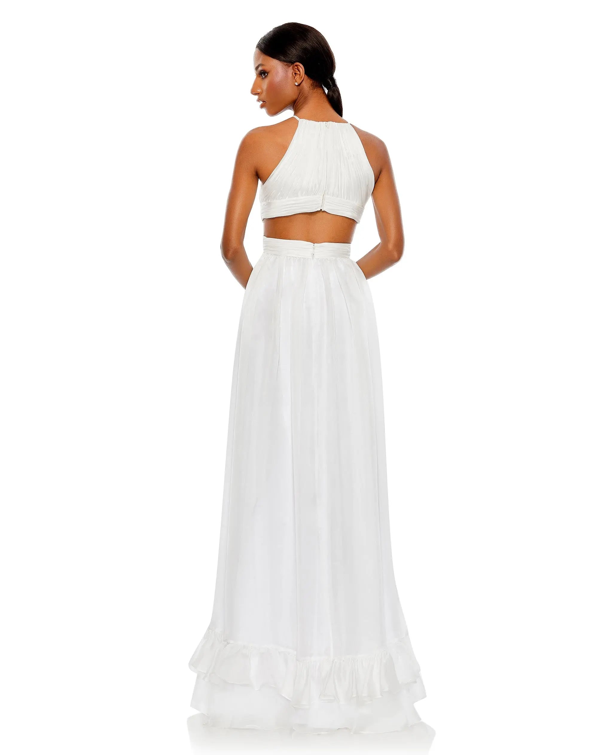 White Pleated Criss Cross Cut-Out Halter Neck Gown-Myartka