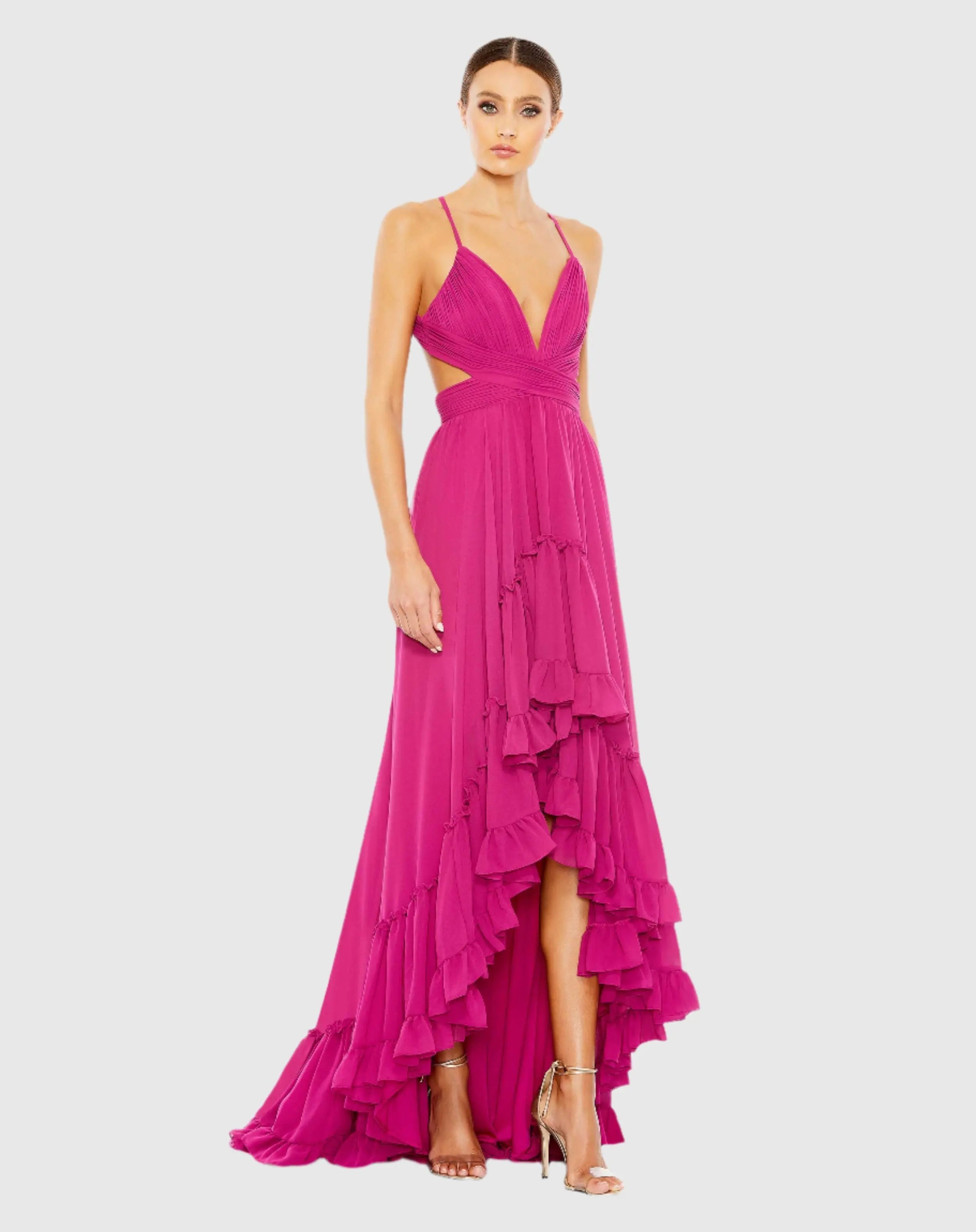 Pink Pleated High-Low A-Line Gown with Ruffles-Myartka