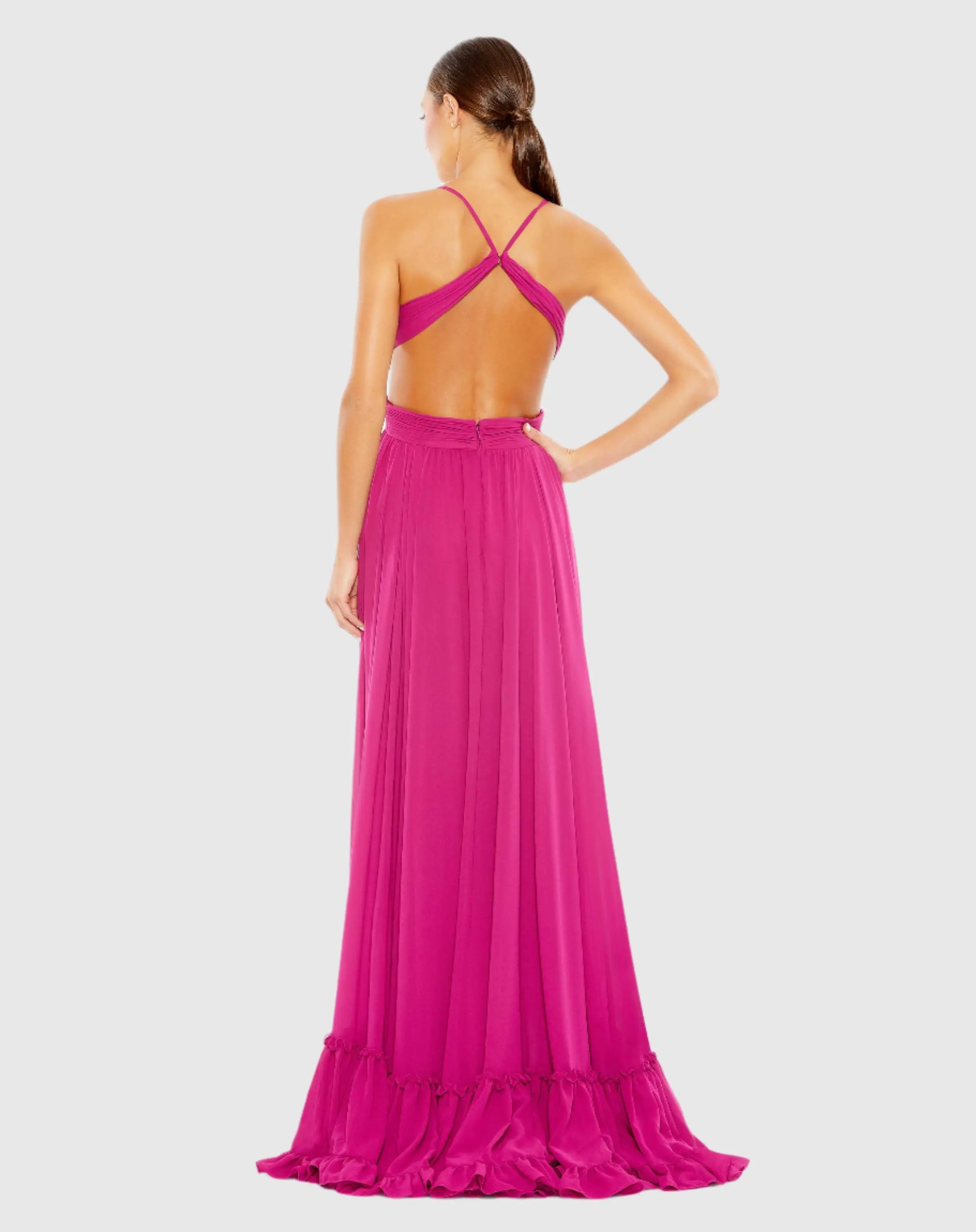 Pink Pleated High-Low A-Line Gown with Ruffles-Myartka