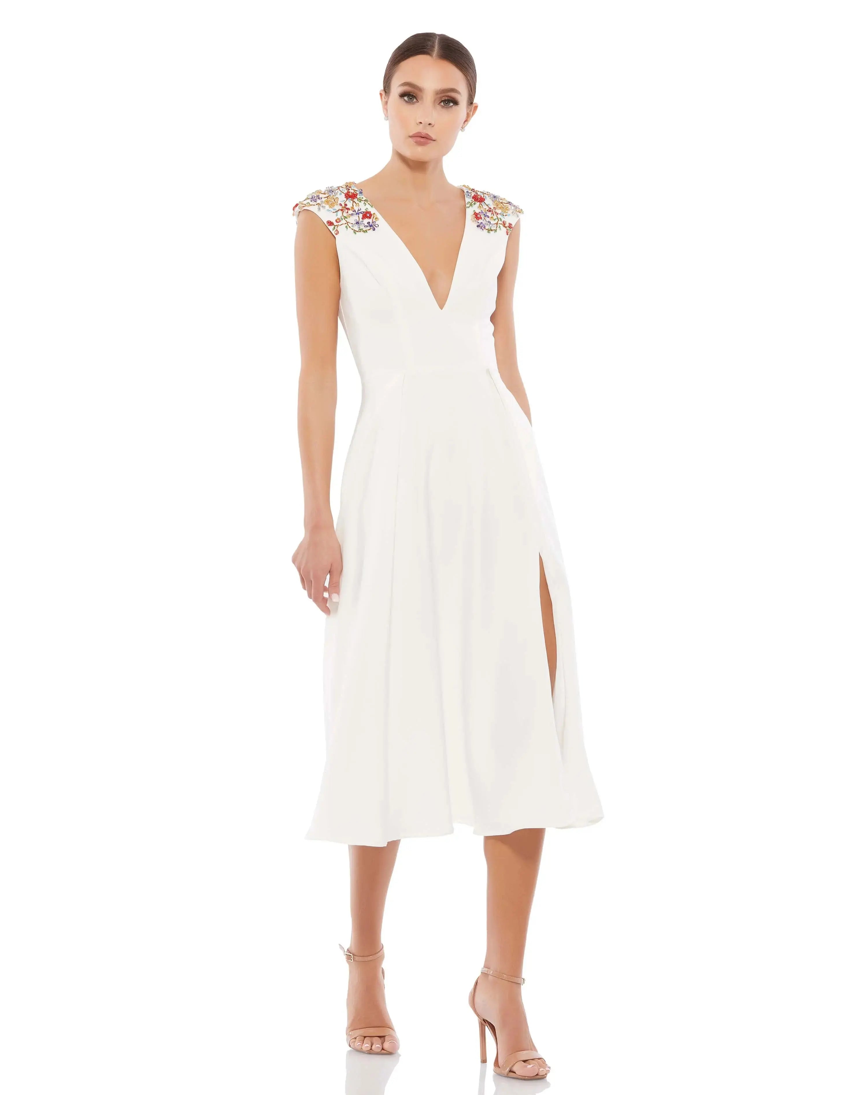 Beaded Cap Sleeve A Line Midi Dress-Myartka