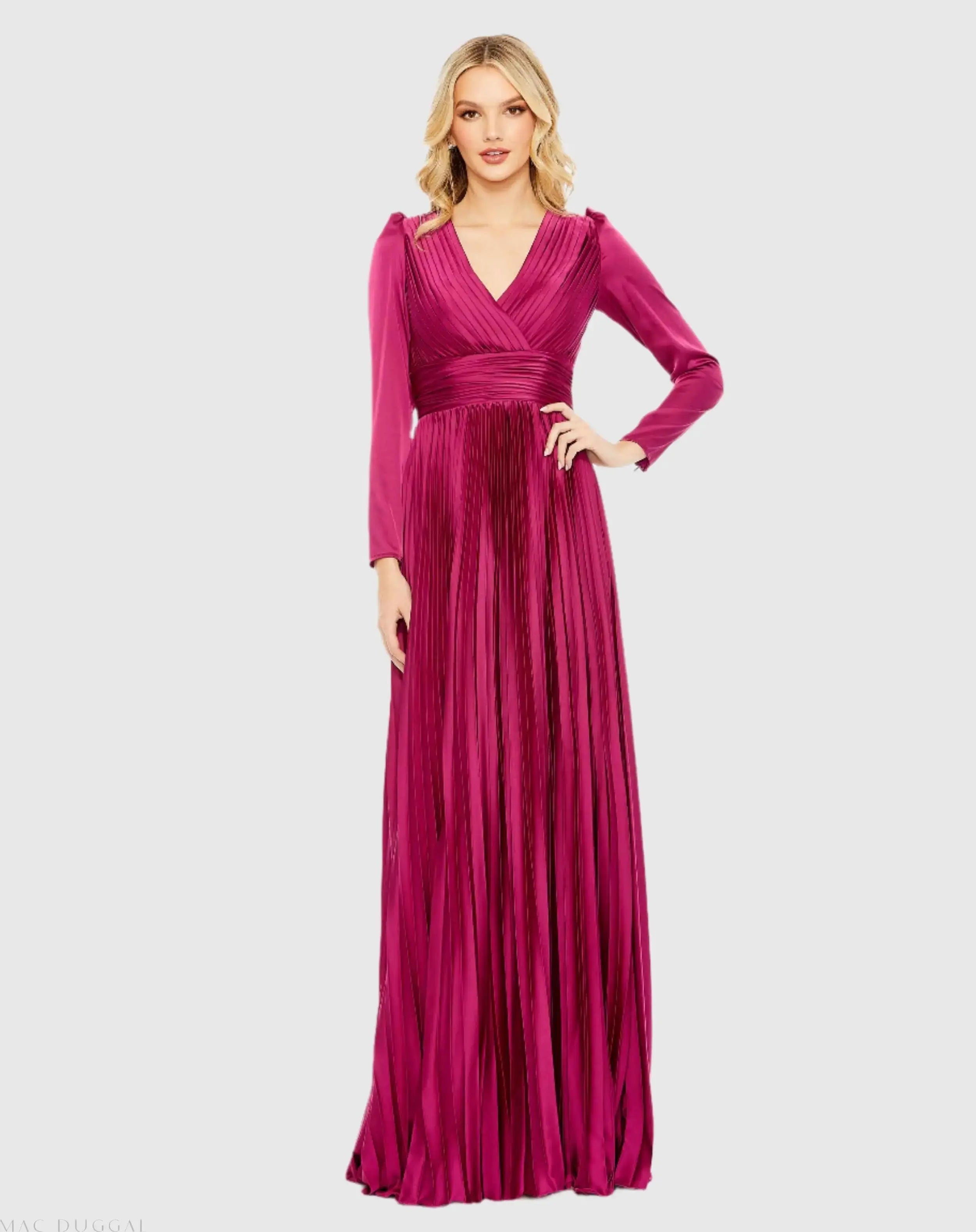 Pleated Long Sleeve V-Neck Gown-Myartka