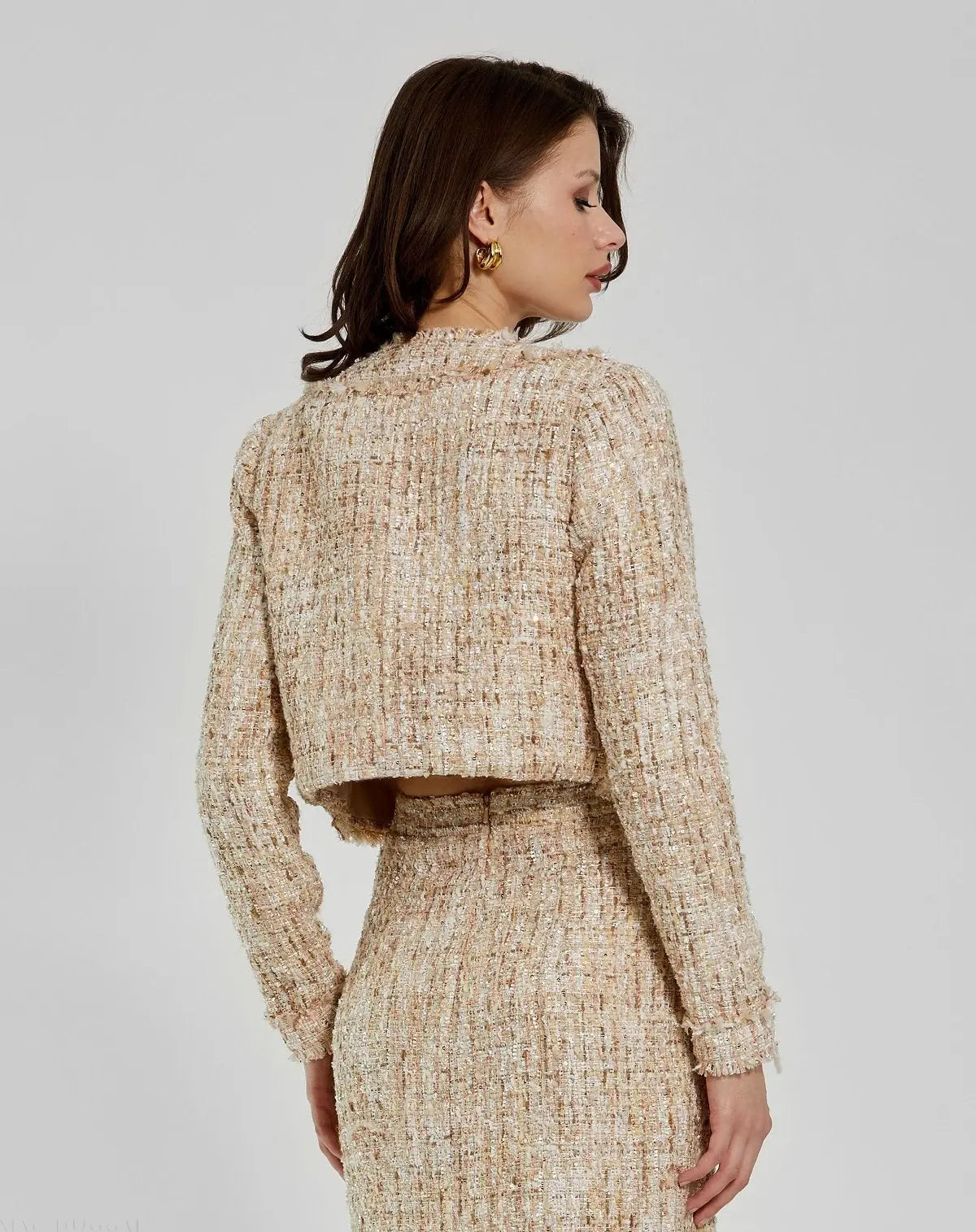 Beige Long Sleeve Cropped Boucle Jacket-Myartka