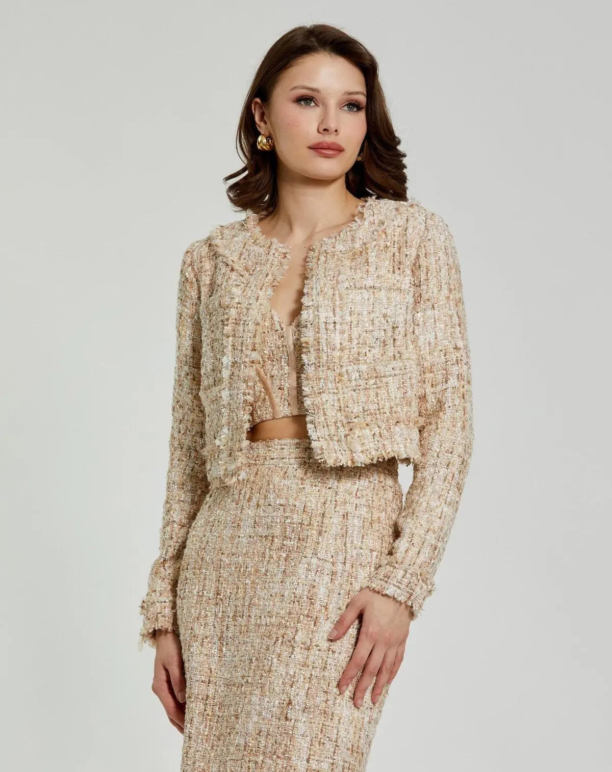 Beige Long Sleeve Cropped Boucle Jacket-Myartka
