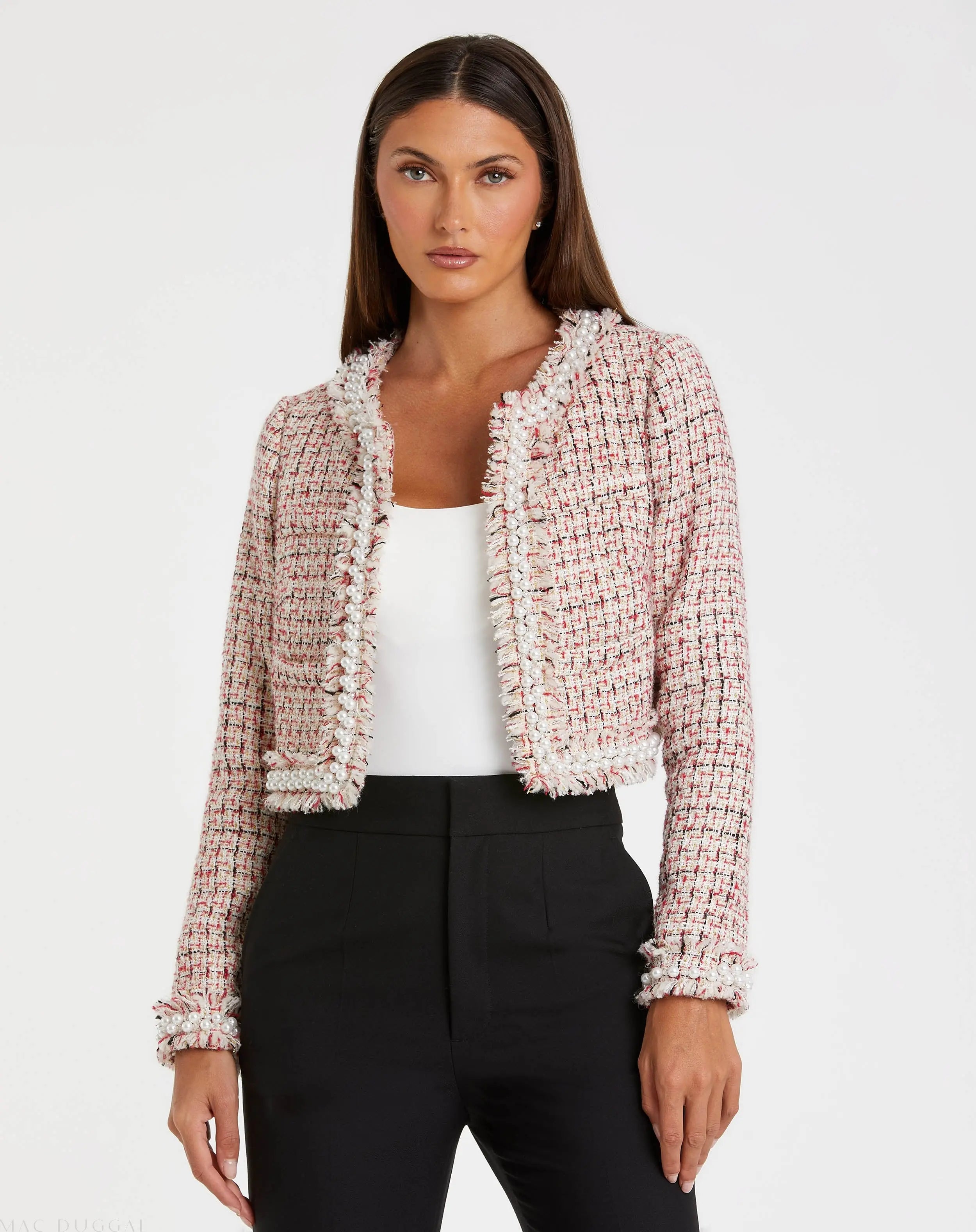 Multicolor Pearl Trim Long Sleeve Cropped Jacket-Myartka