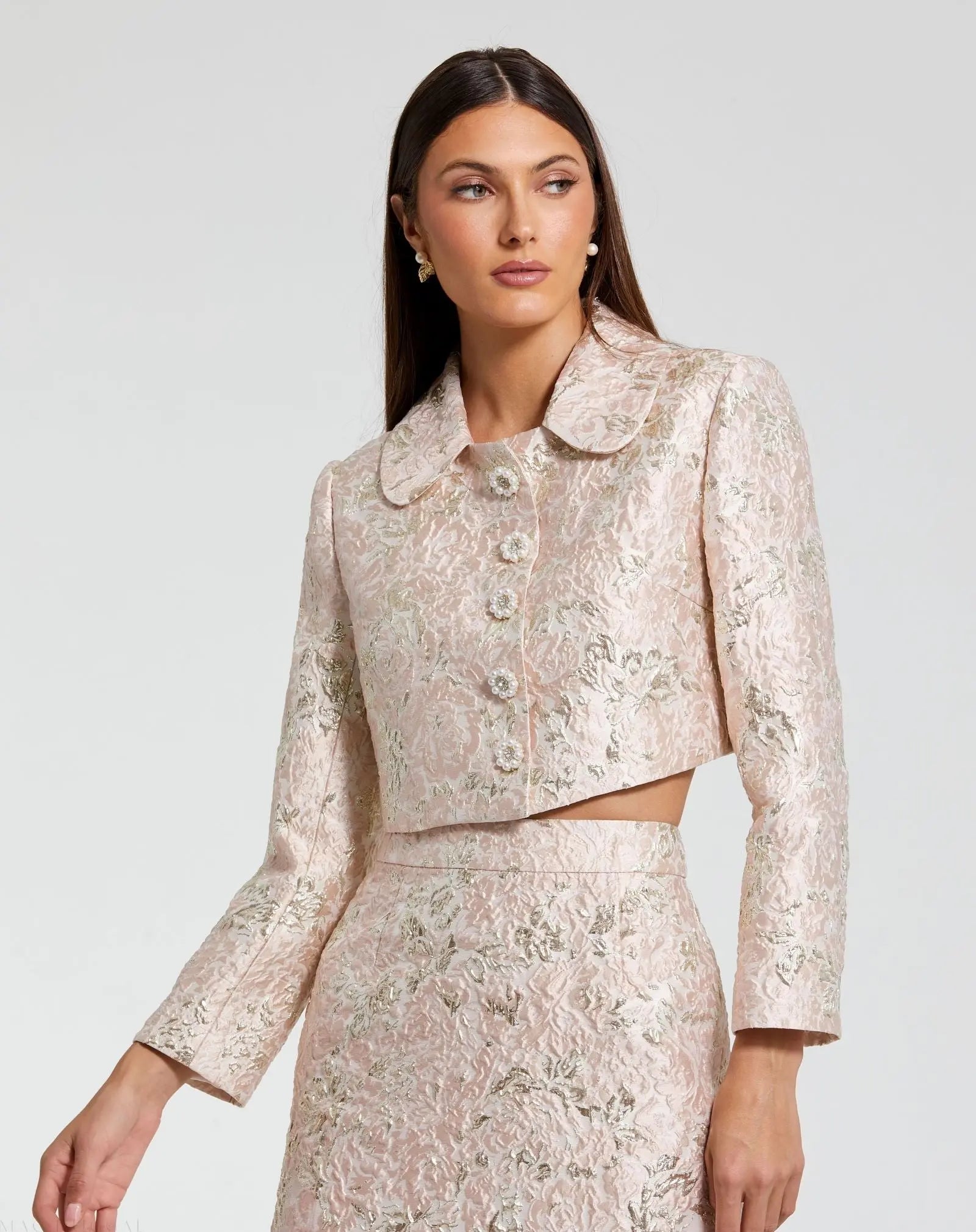 Pink Pearl Button Brocade Cropped Jacket-Myartka