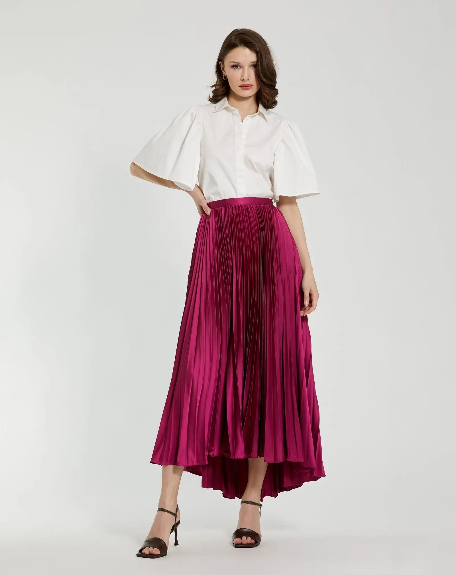 Purple Pleated Satin Maxi Skirt-Myartka