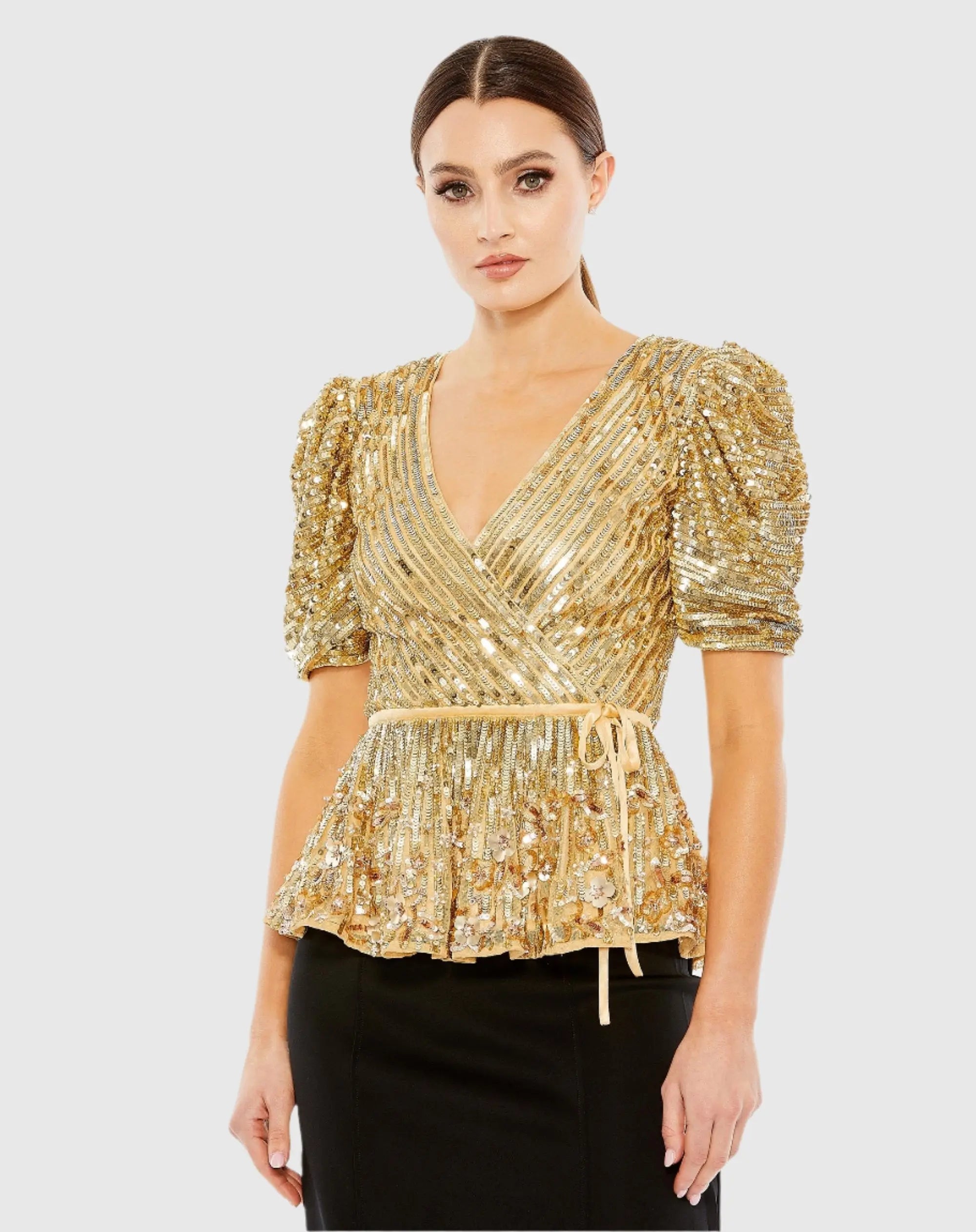 Gold Sequined Puff Sleeve Faux Wrap Top - FINAL SALE-Myartka