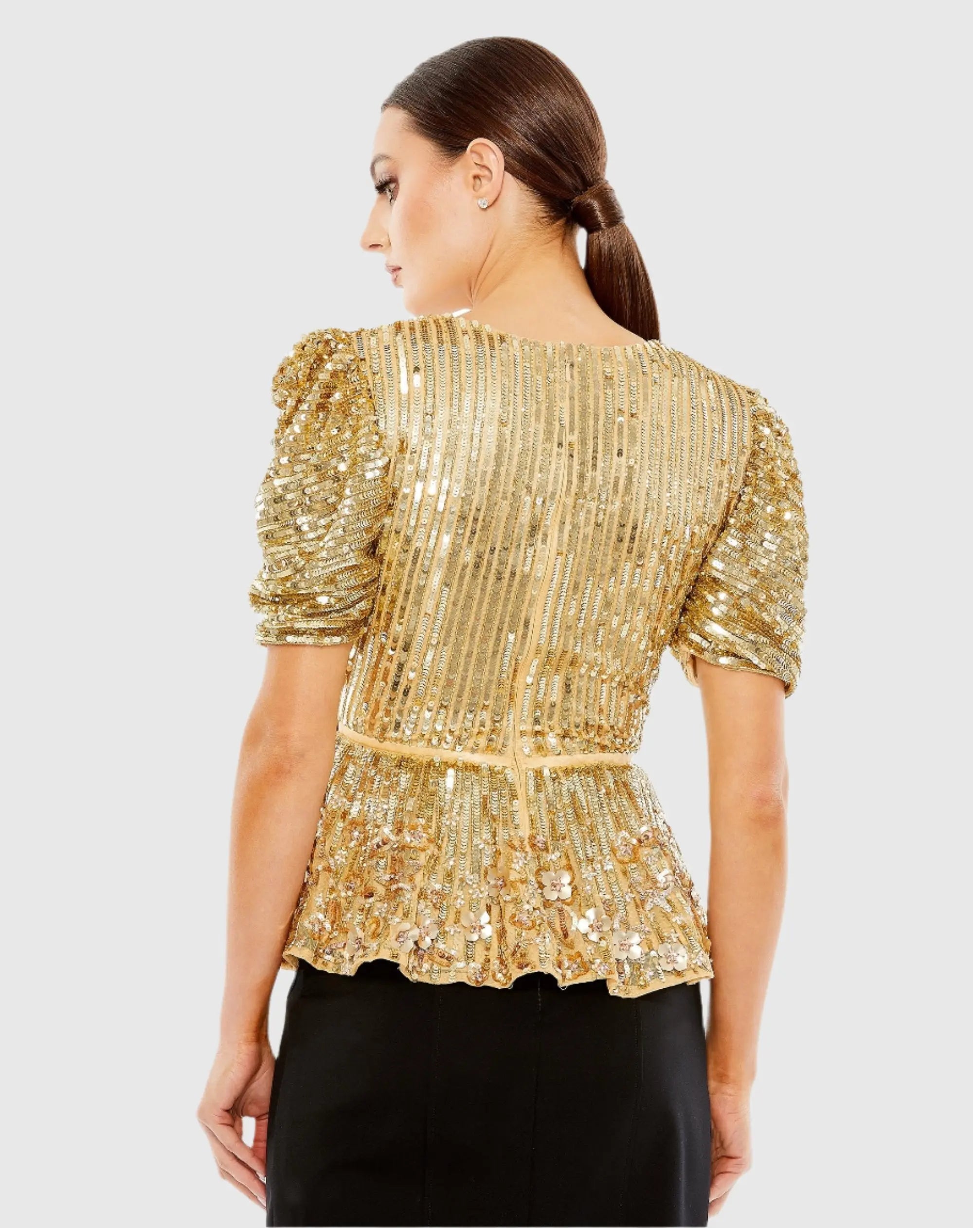 Gold Sequined Puff Sleeve Faux Wrap Top - FINAL SALE-Myartka
