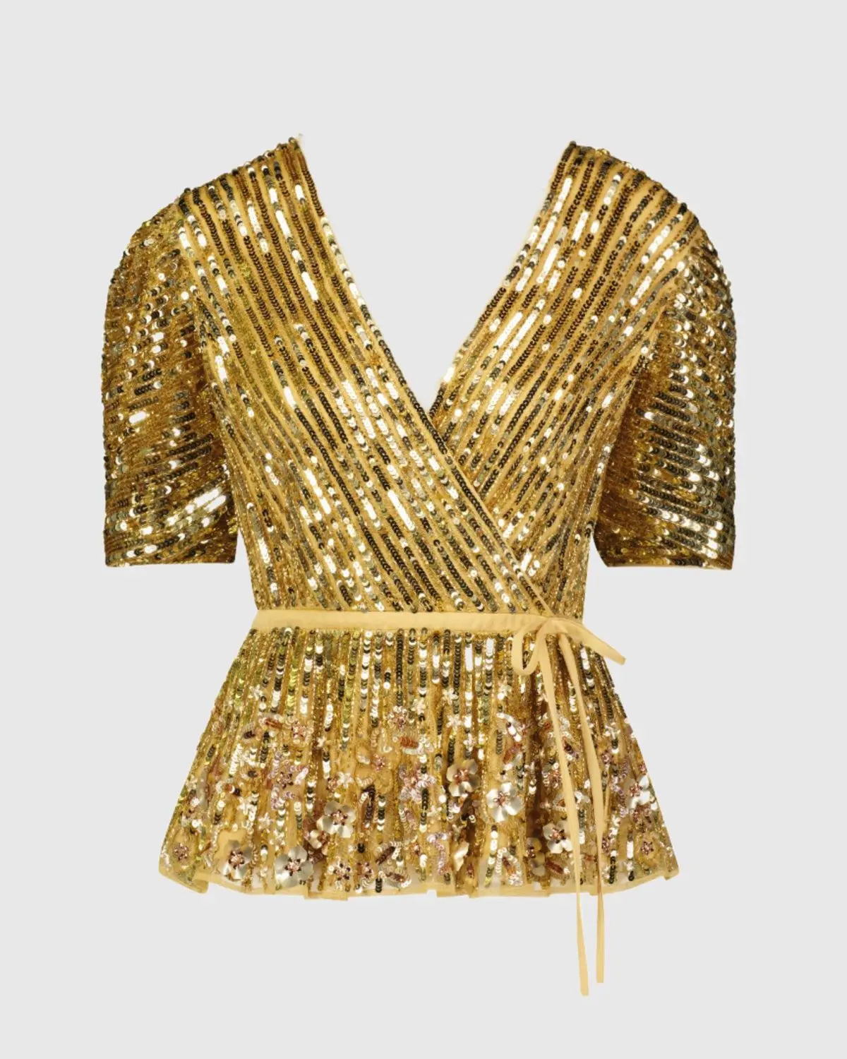 Gold Sequined Puff Sleeve Faux Wrap Top - FINAL SALE-Myartka