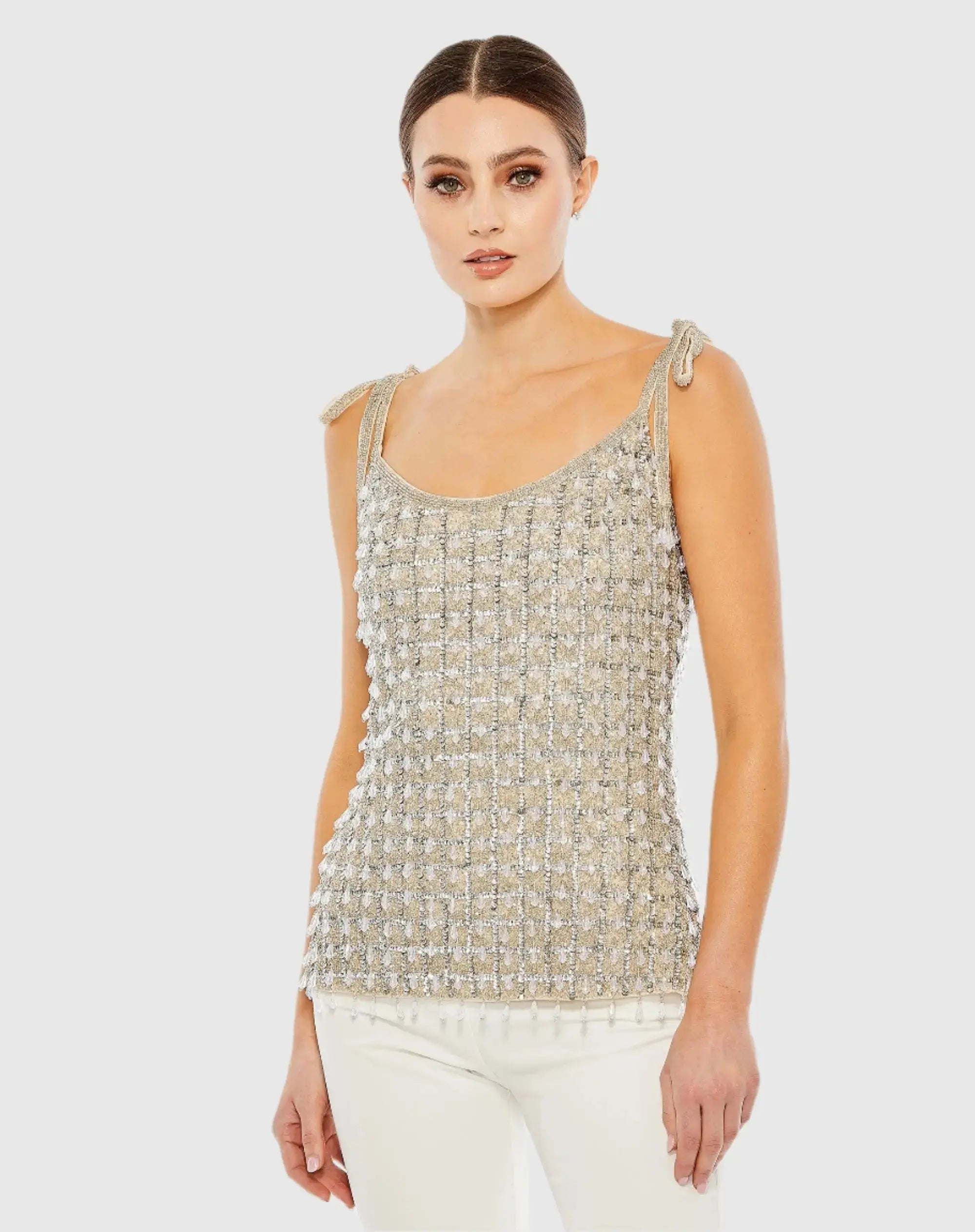 Silver Crystal Embellished Soft Tie Cami Top-Myartka