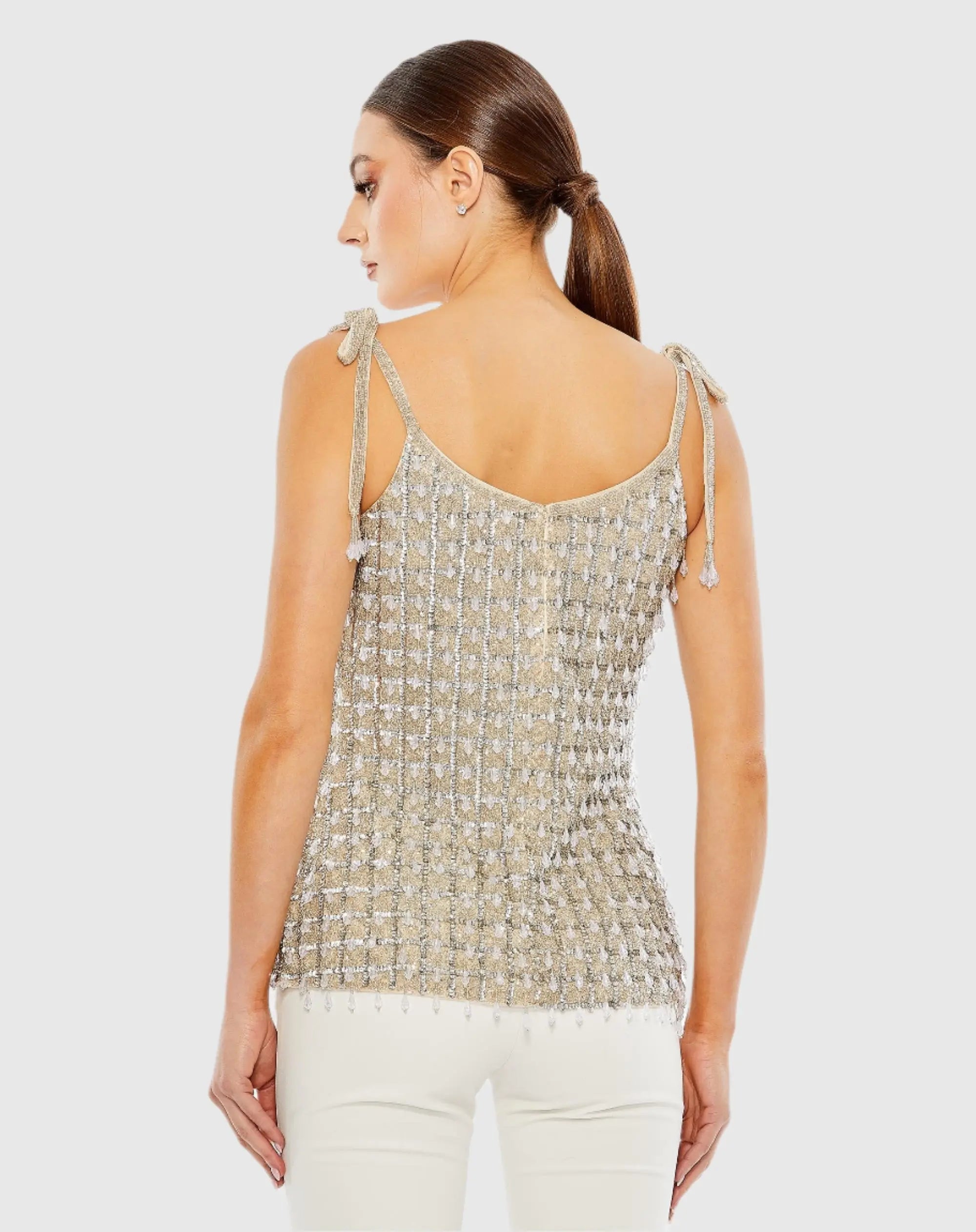Silver Crystal Embellished Soft Tie Cami Top-Myartka