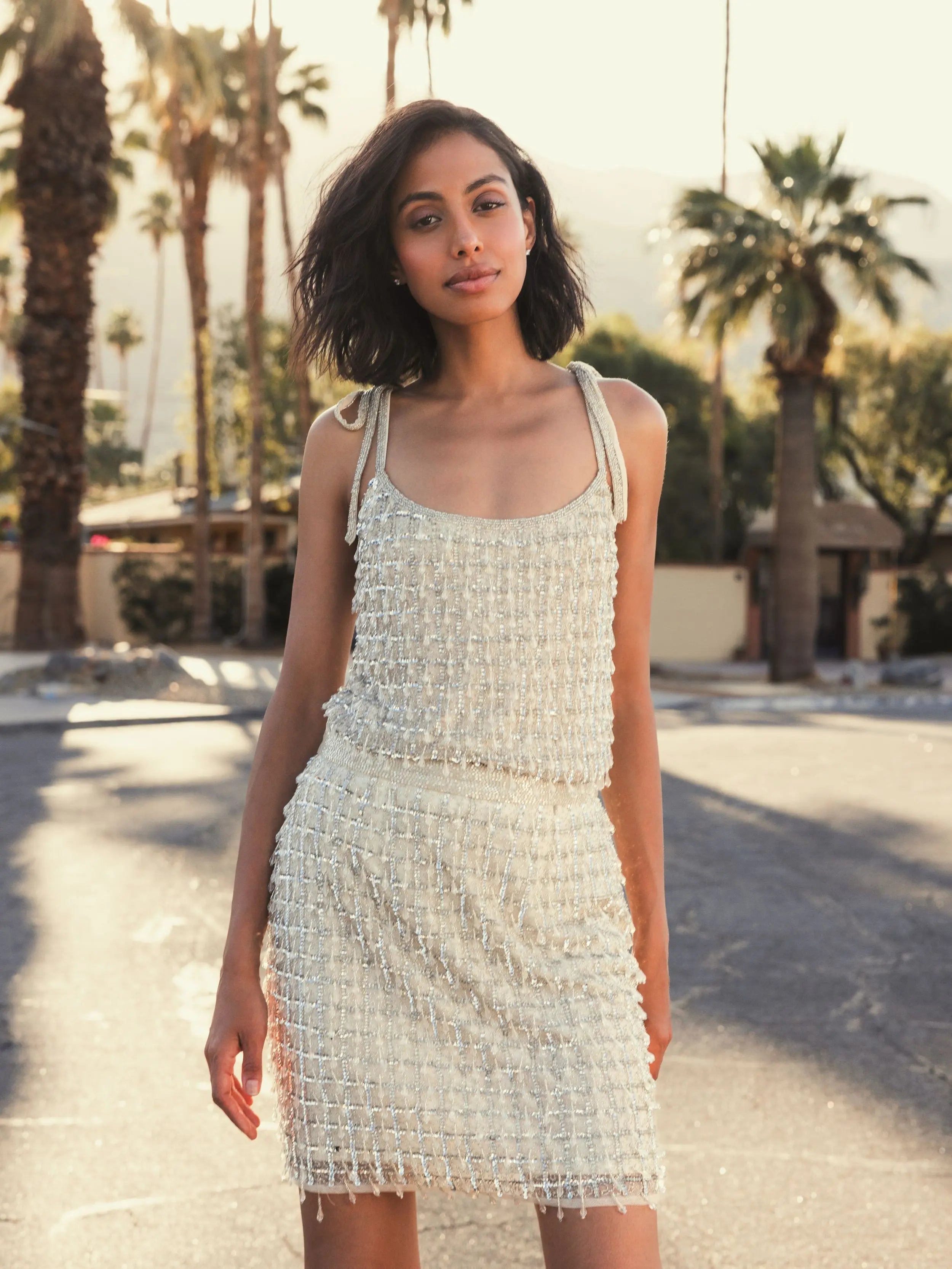 Silver Crystal Embellished Soft Tie Cami Top-Myartka