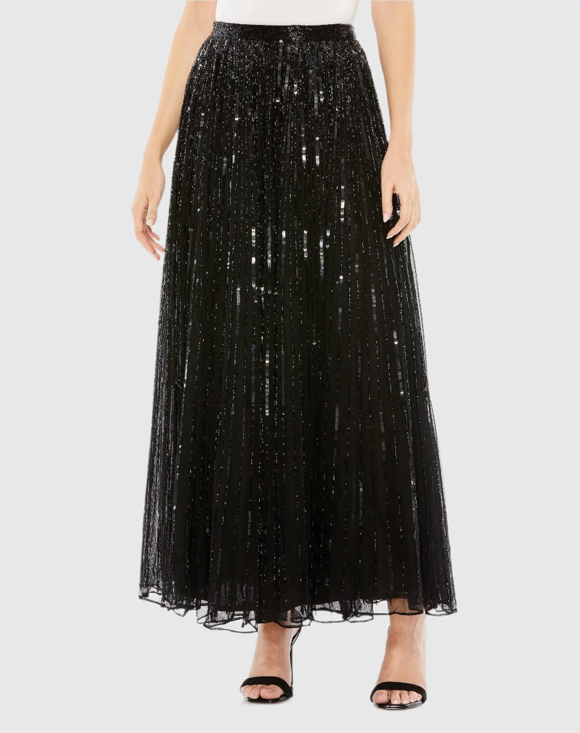 Black Long Sequin Embellished Chiffon Evening Skirt-Myartka