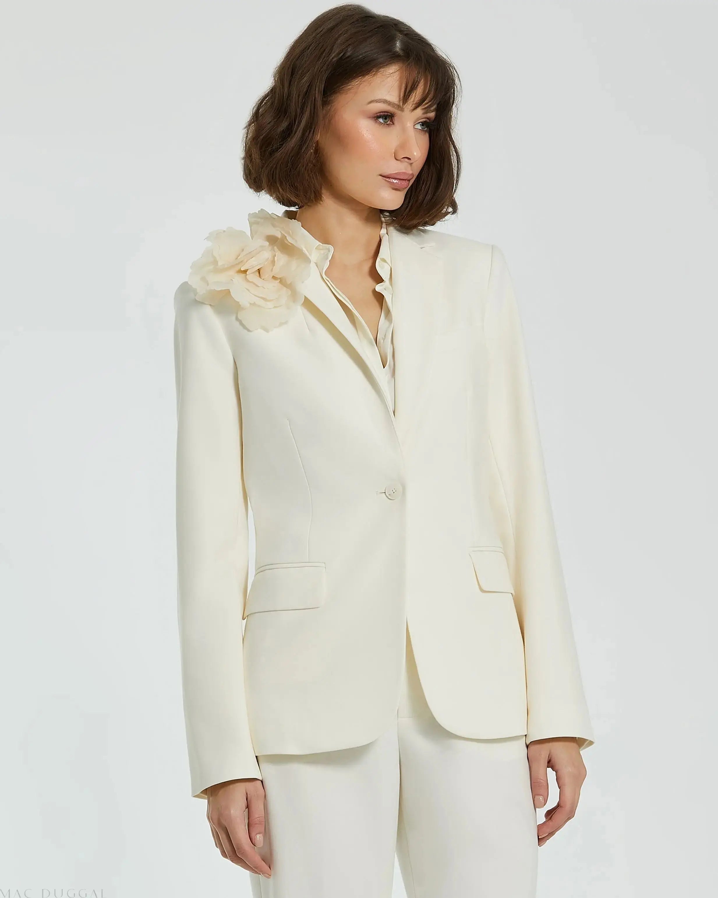 Ivory Classic Crepe Blazer Jacket With Flower - FINAL SALE-Myartka