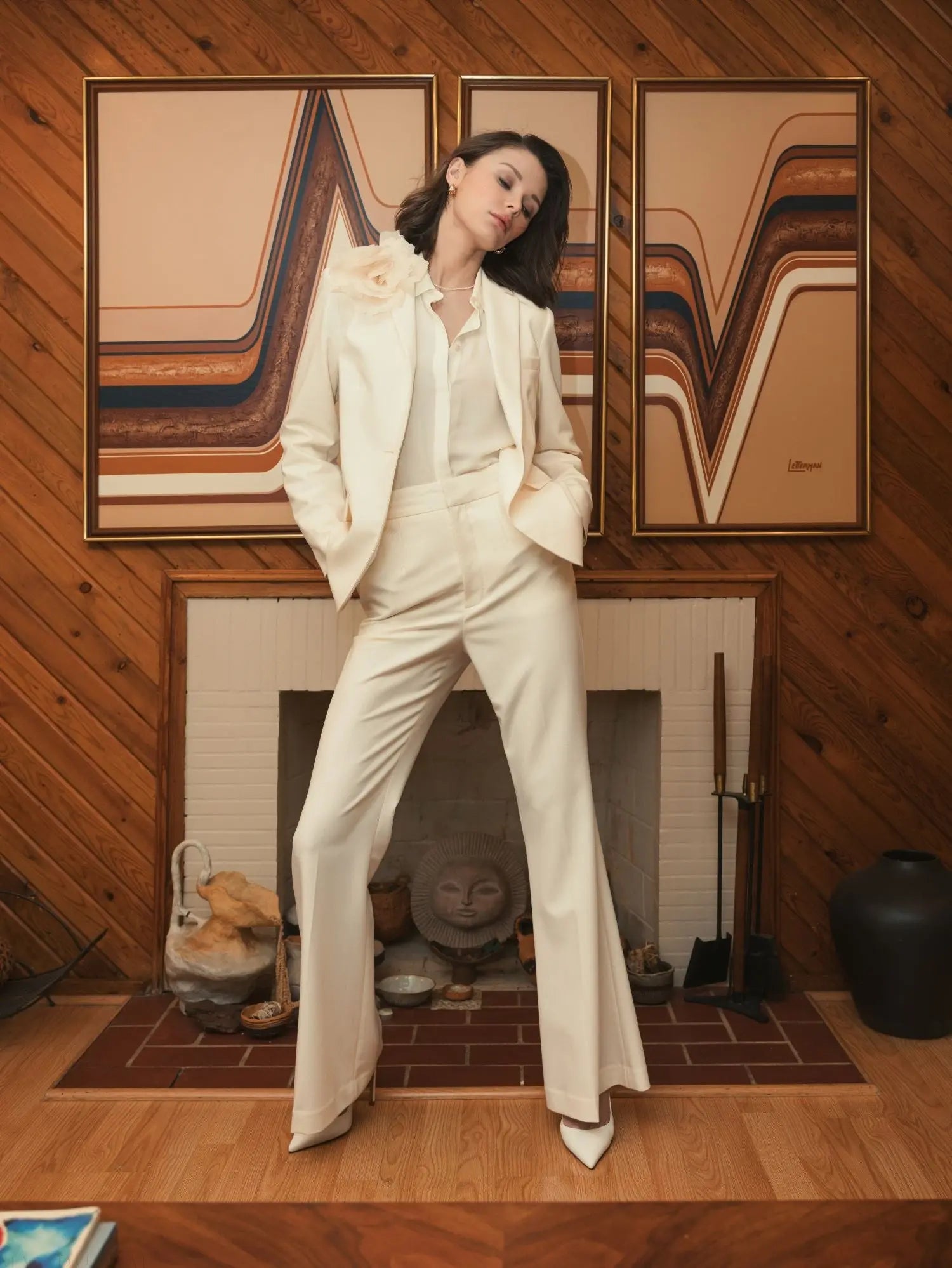 Ivory Classic Crepe Blazer Jacket With Flower - FINAL SALE-Myartka