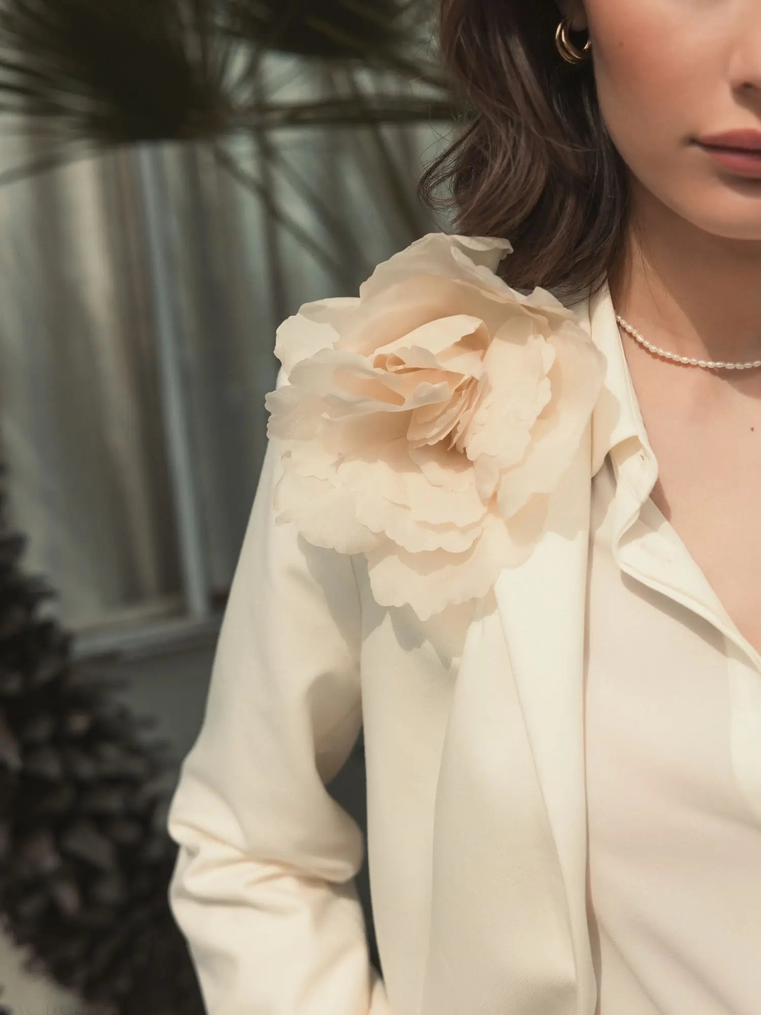 Ivory Classic Crepe Blazer Jacket With Flower - FINAL SALE-Myartka