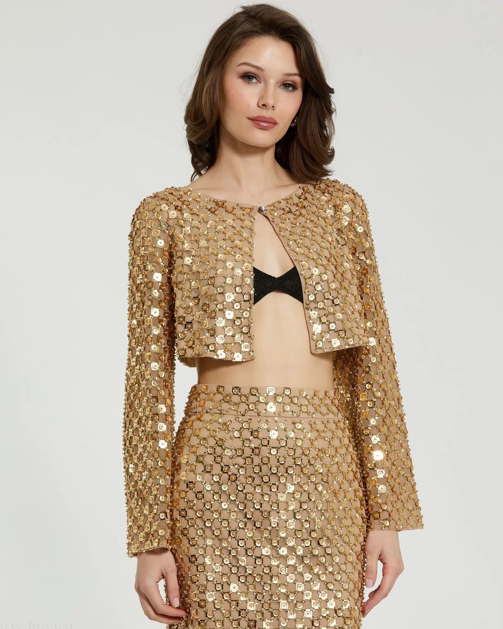 Gold Beaded Sequin Georgette Long Sleeve Cardigan-Myartka